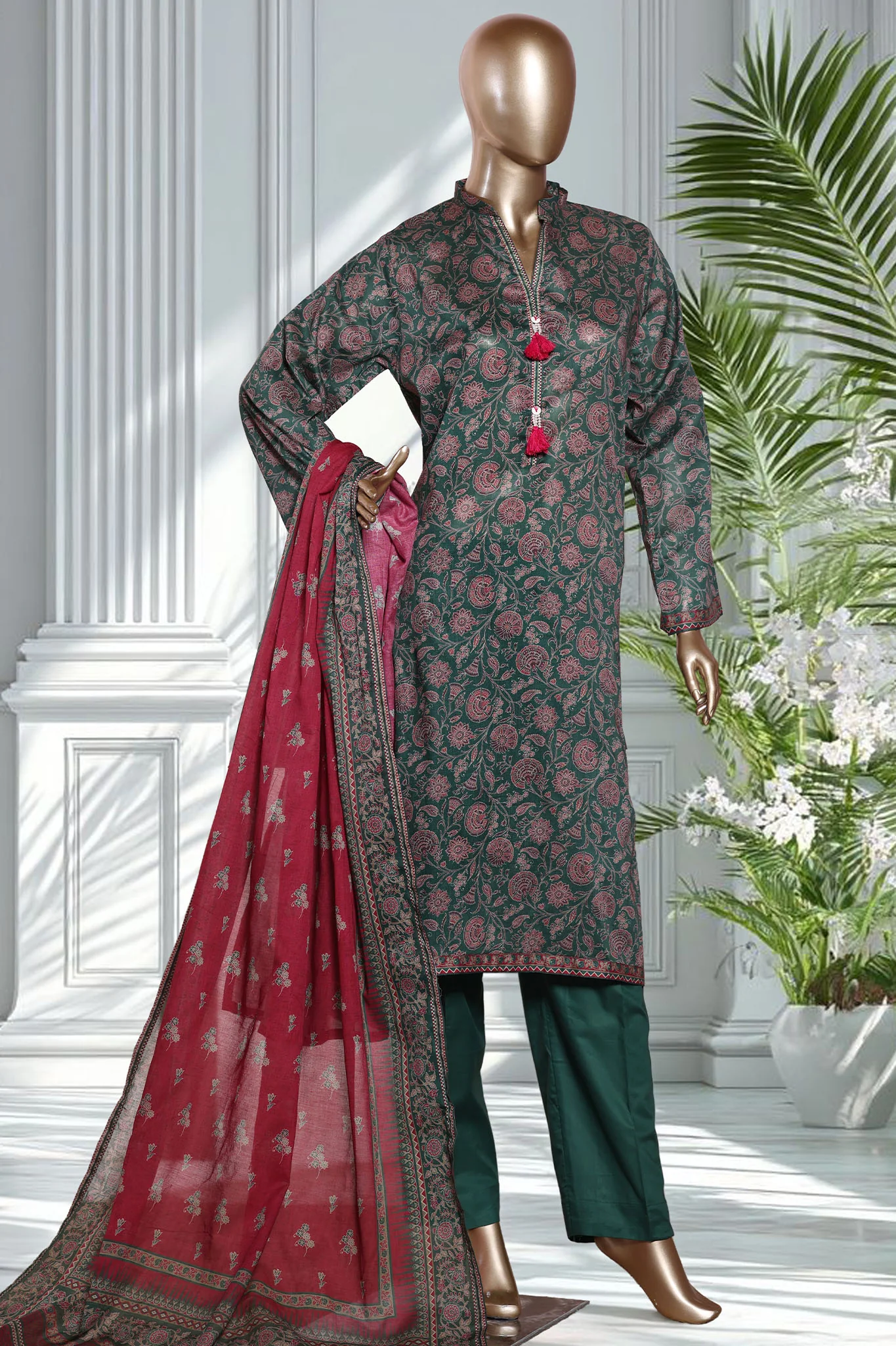 Bin Saeed Stitched 3 Piece Exclusive Printed Lawn Vol-02 Suit-LSM-2730 GREEN