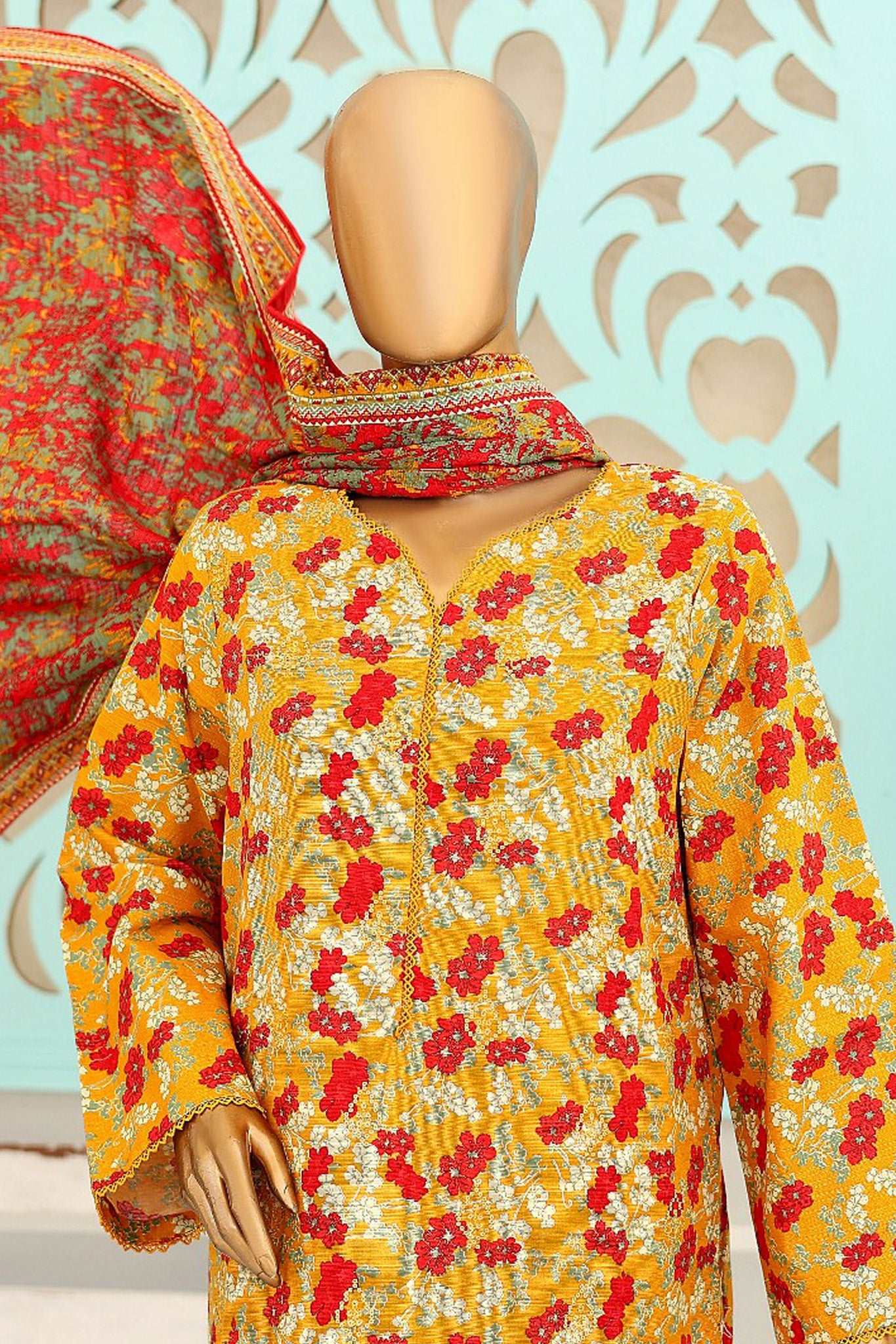 Bin Saeed Stitched 3 Piece Chikankari Emb Khaddar Suit-WK-1103-Yellow - Image 2