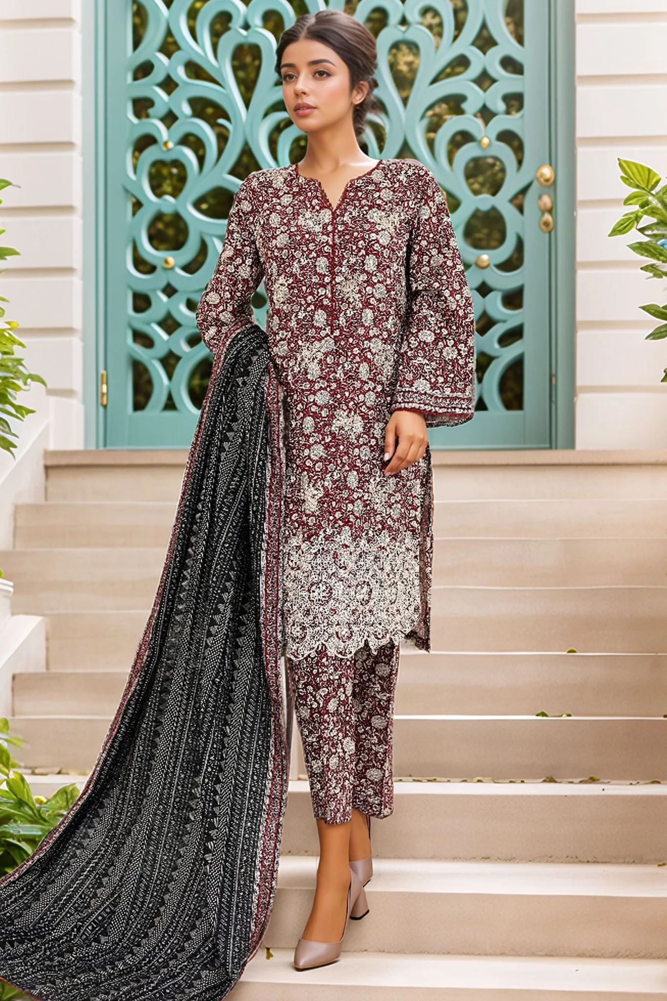 Bin Saeed Stitched 3 Piece Chikankari Emb Khaddar Suit-WK-1105-Maroon