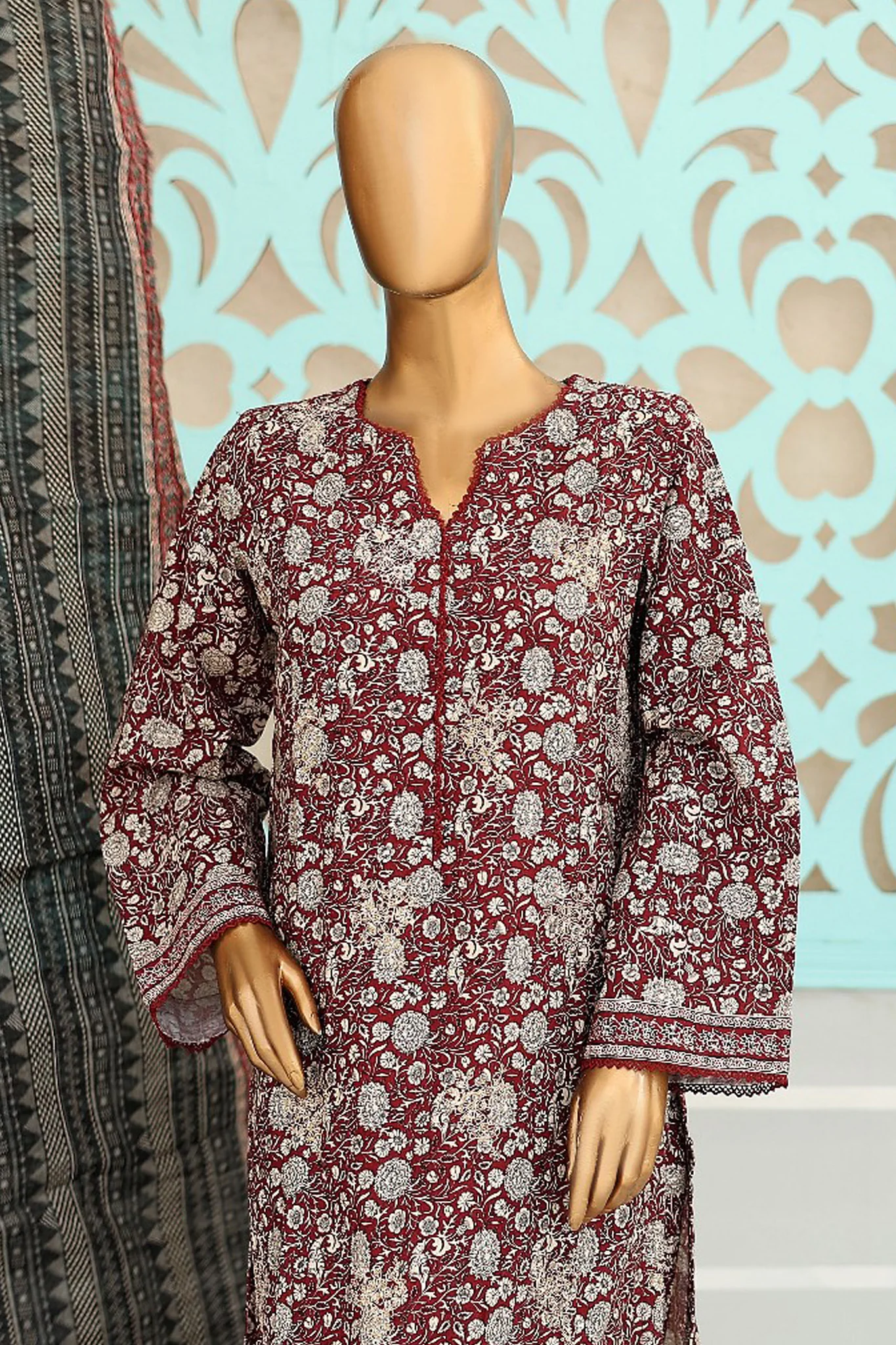 Bin Saeed Stitched 3 Piece Chikankari Emb Khaddar Suit-WK-1105-Maroon - Image 2