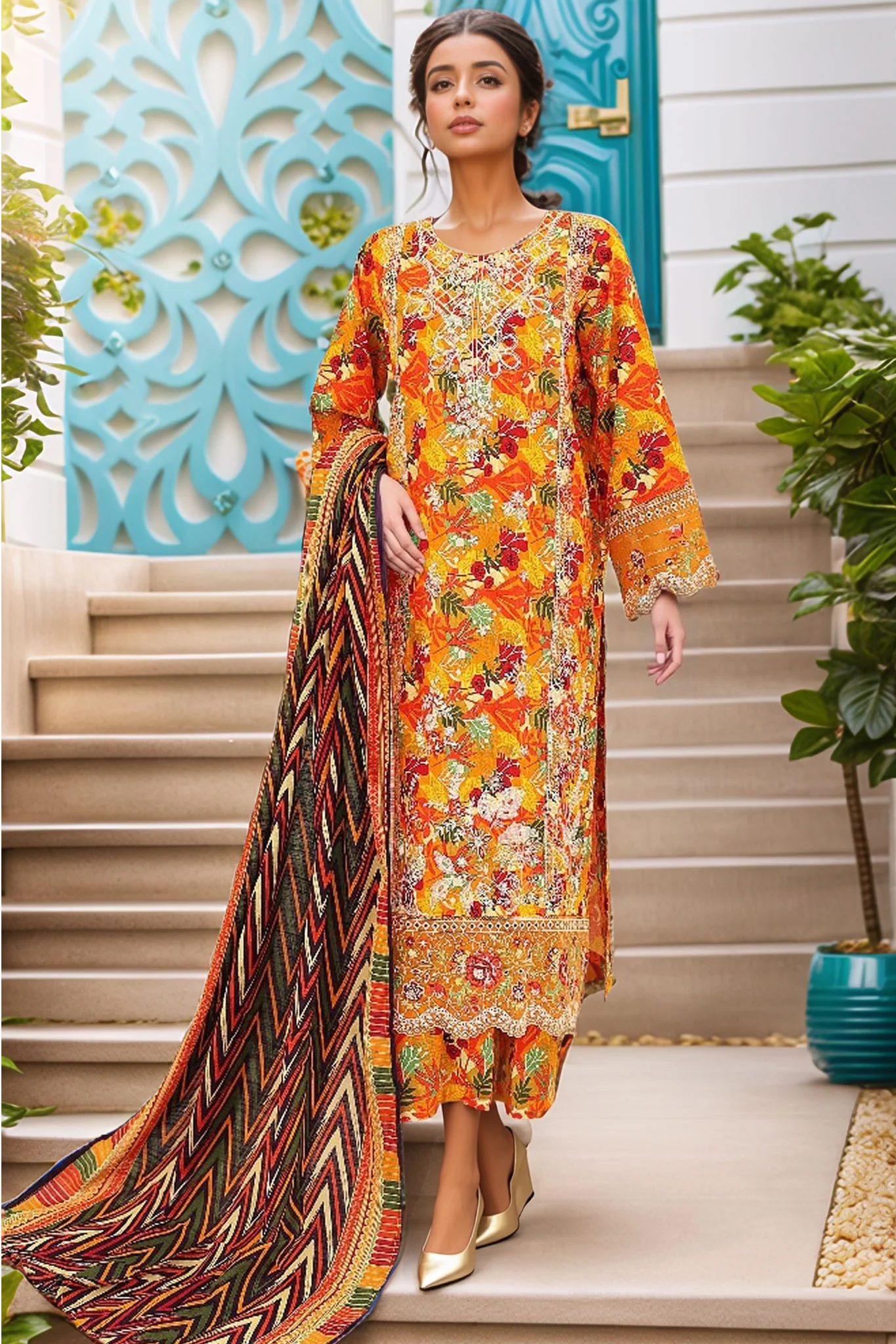 Bin Saeed Stitched 3 Piece Chikankari Emb Khaddar Suit-WK-1113-Multi