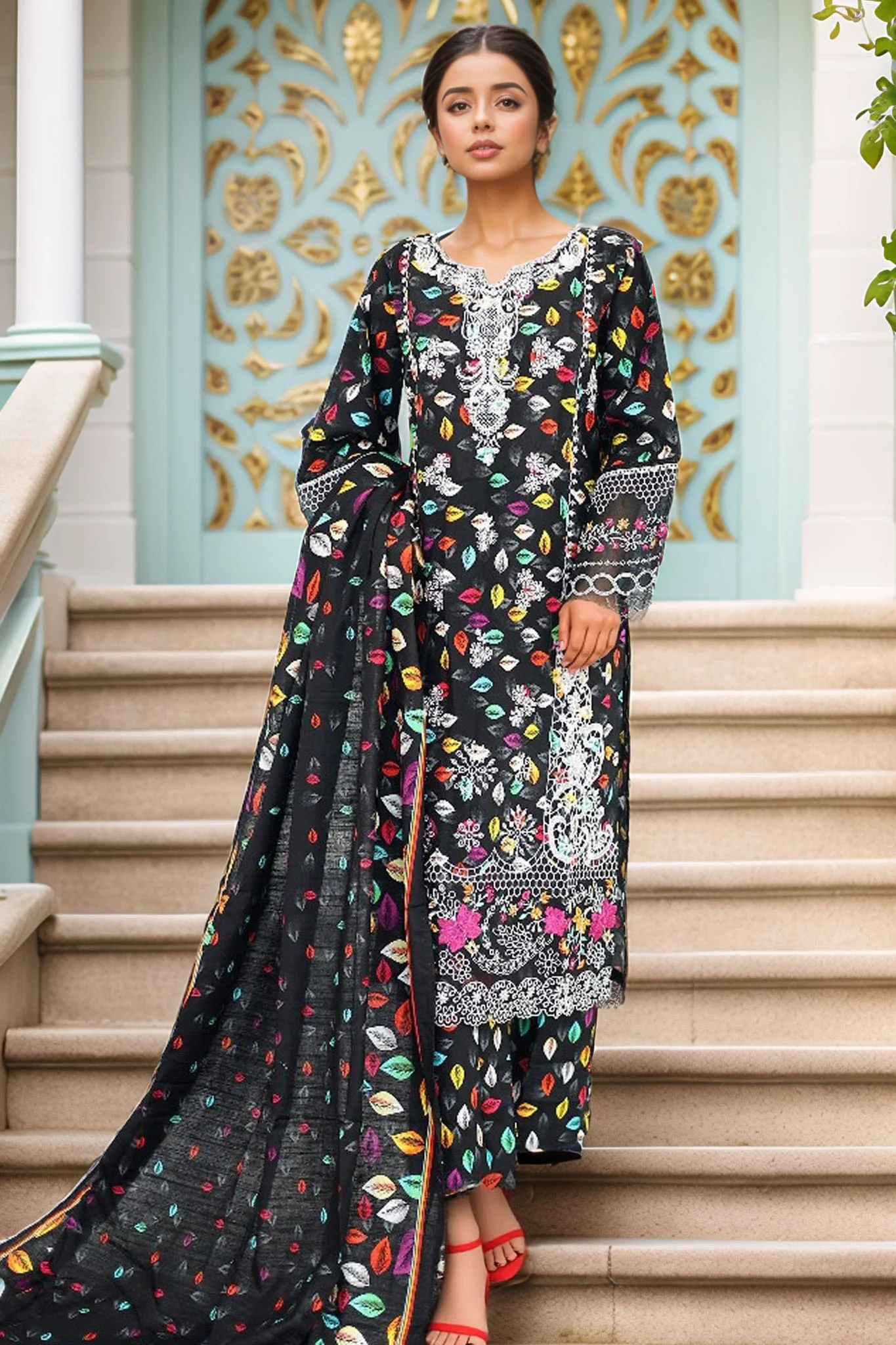 Bin Saeed Stitched 3 Piece Chikankari Emb Khaddar Suit-WK-1115-Black