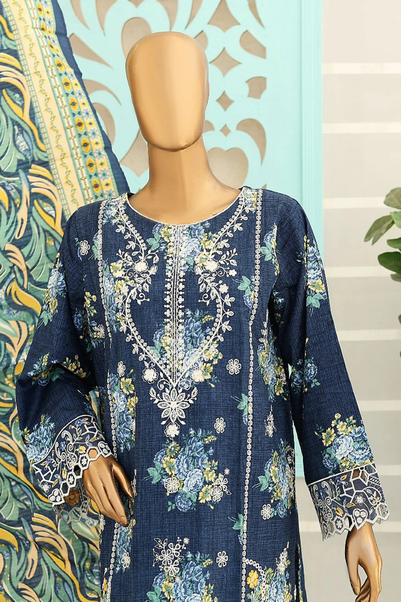 Bin Saeed Stitched 3 Piece Chikankari Emb Khaddar Suit-WK-1116-Navy Blue - Image 2