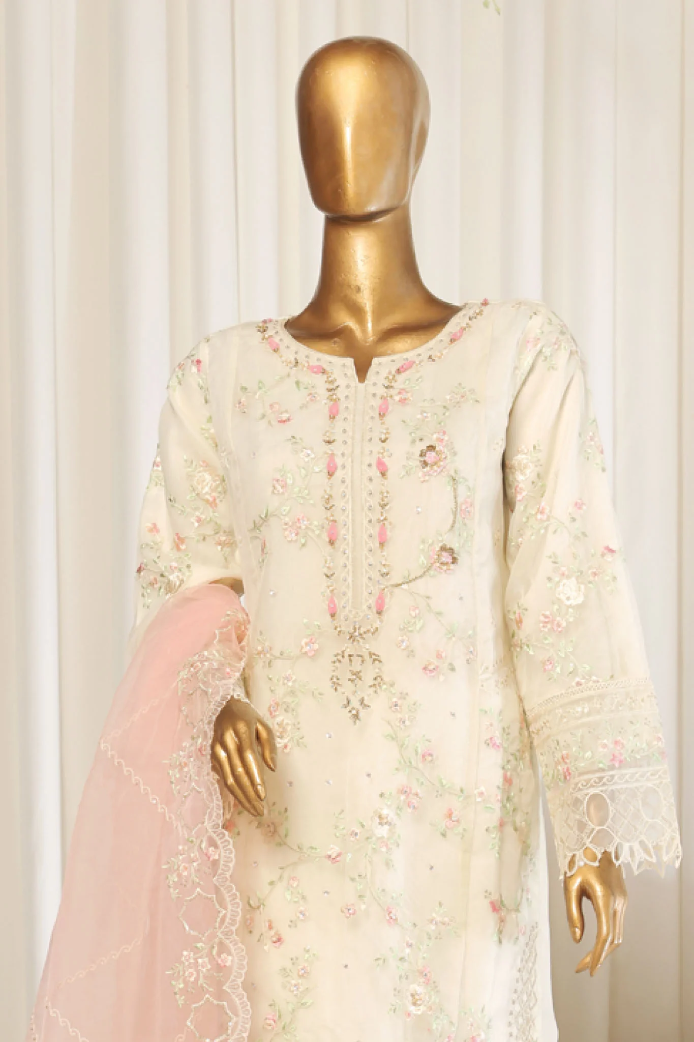 Bin Saeed Stitched 3 Piece Emb Chiffon Suit-OWS-1789-Off White - Image 2