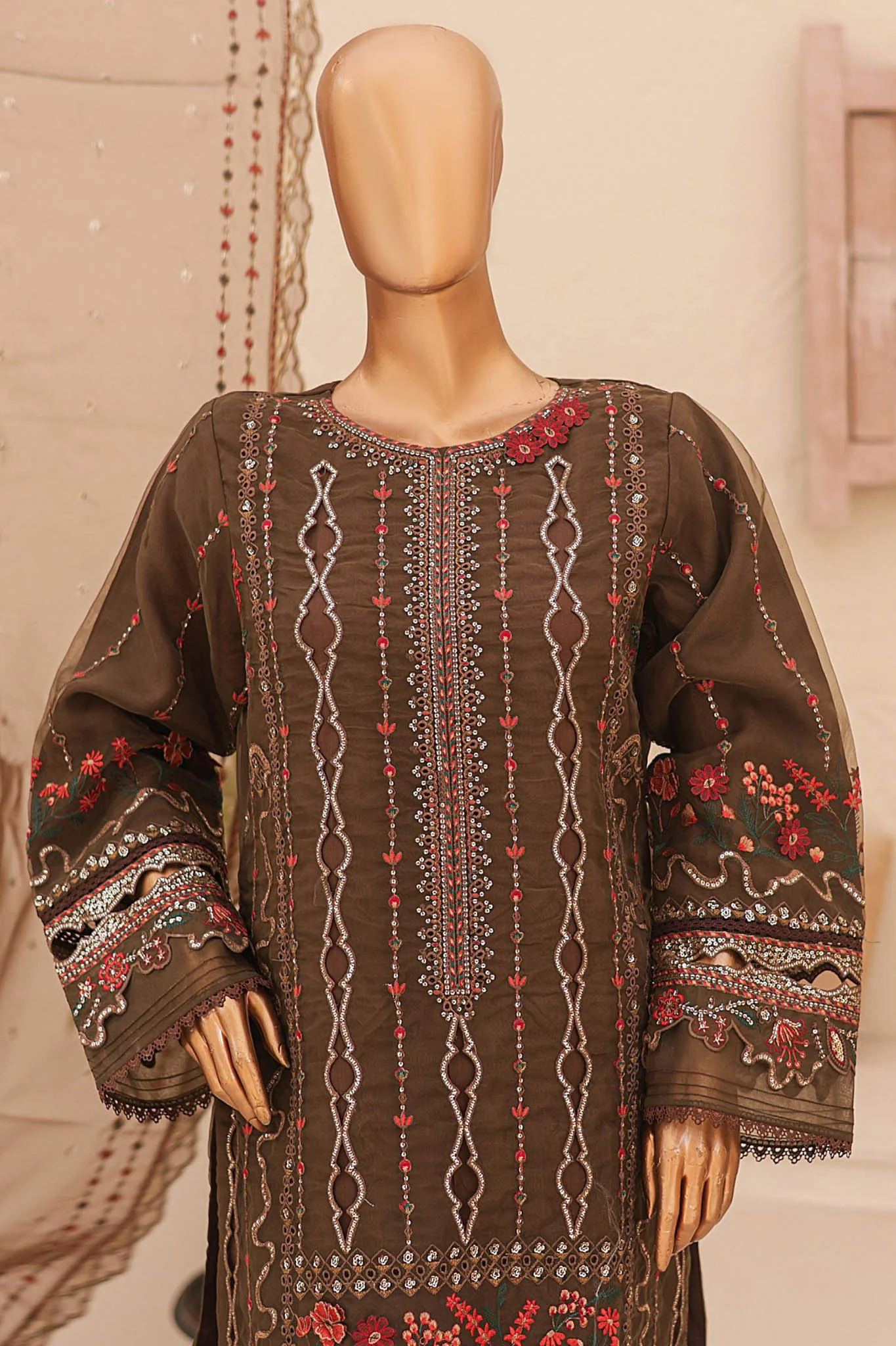 Bin Saeed Stitched 3 Piece Emb Fancy Festive Ramadan Suit-ZEF-479-Brown - Image 2