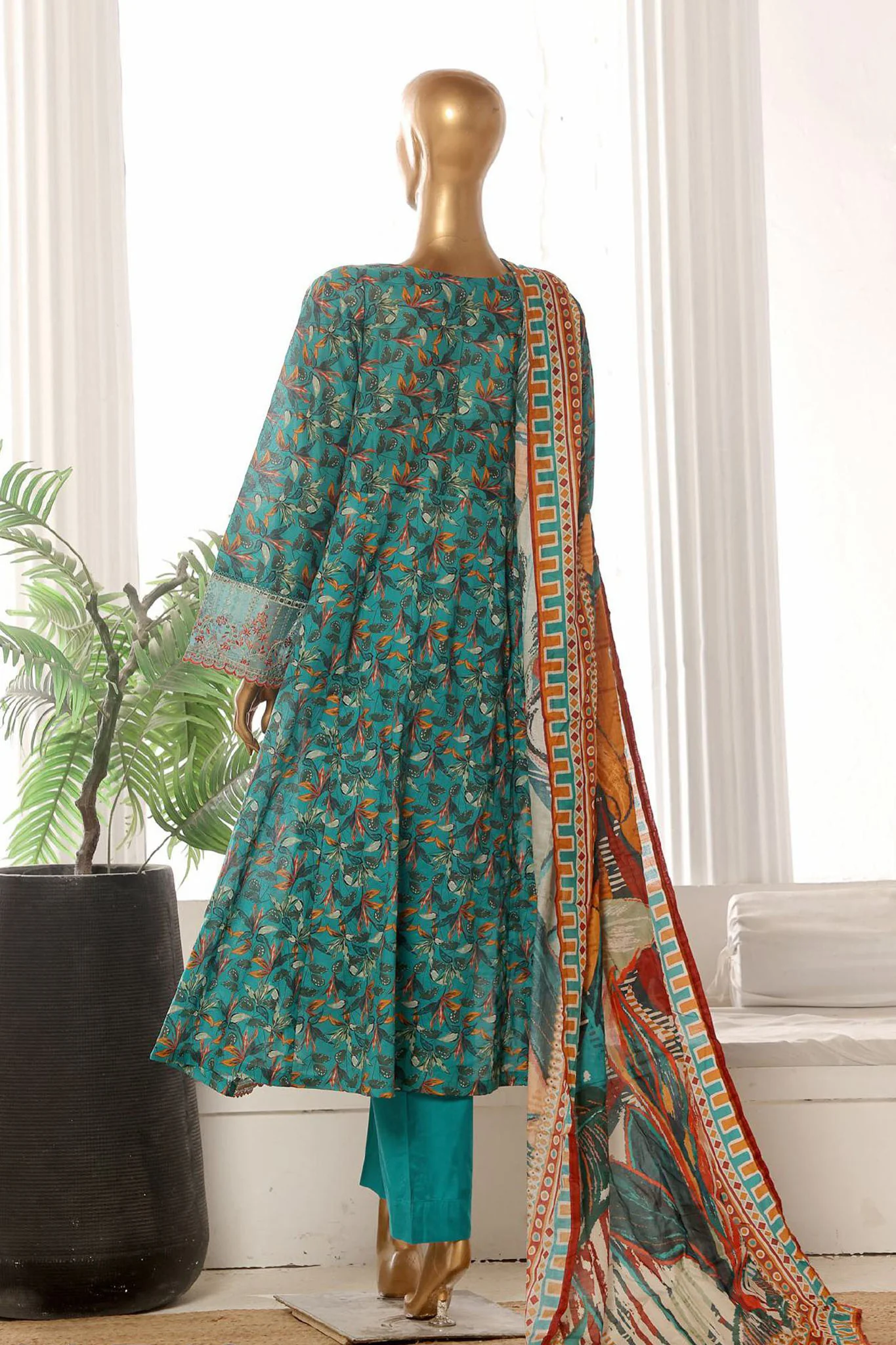 Bin Saeed Stitched 3 Piece Emb Lawn Frock Vol-02 Collection-SM-1624-Sea Green - Image 3