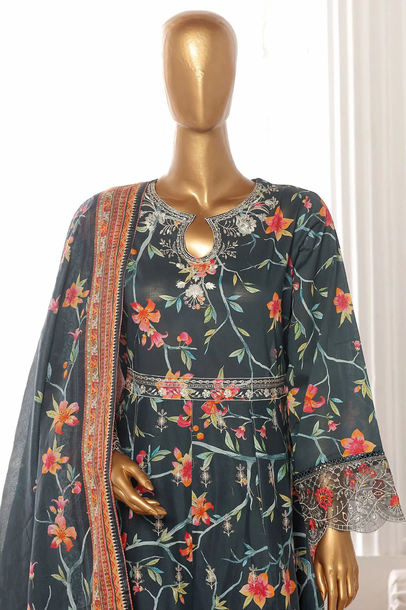 Bin Saeed Stitched 3 Piece Emb Lawn Frock Vol-02 Collection-SM-1628-Blue - Image 2