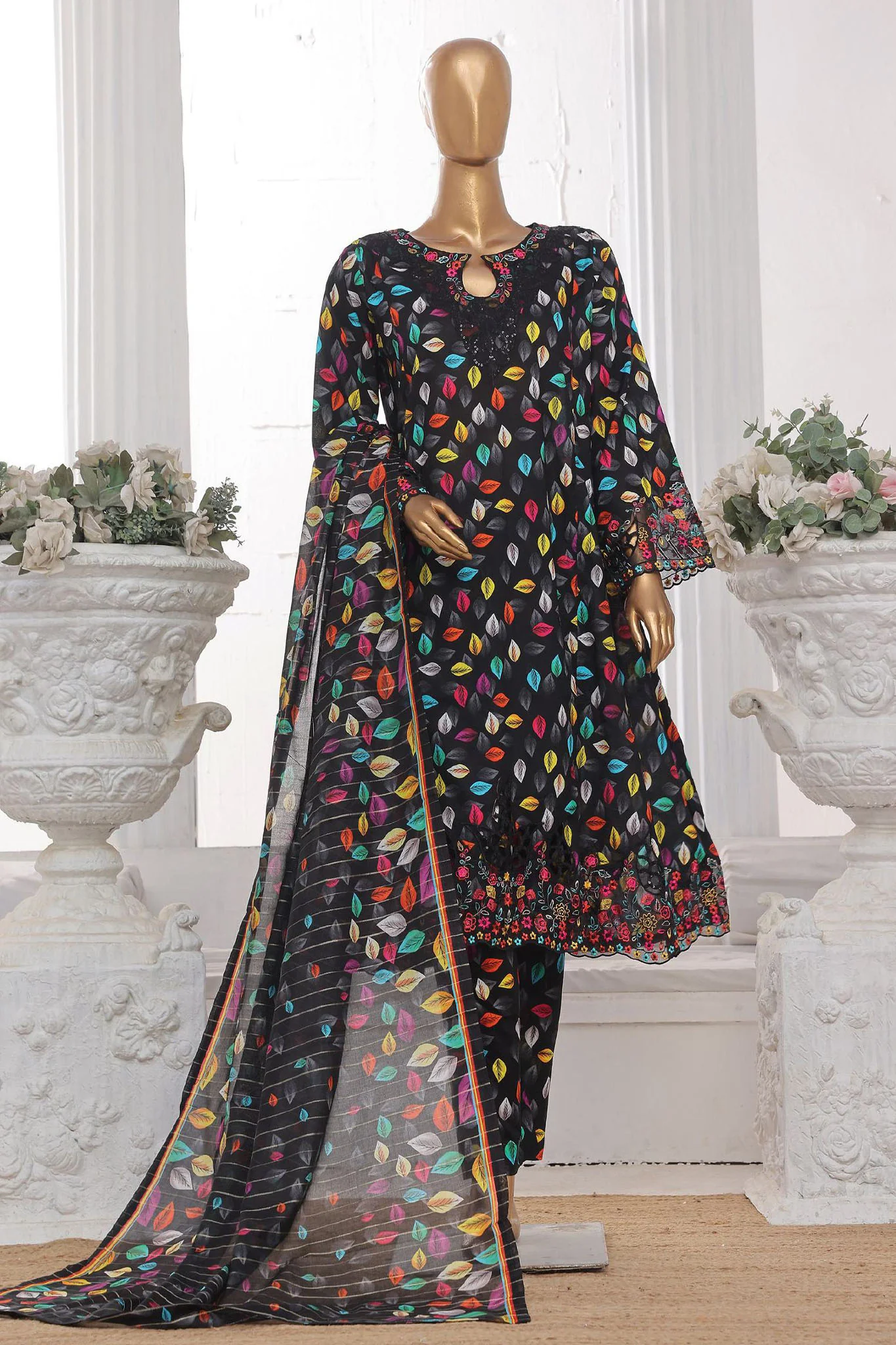 Bin Saeed Stitched 3 Piece Emb Lawn Frock Vol-03 Collection-SM-1638-Black