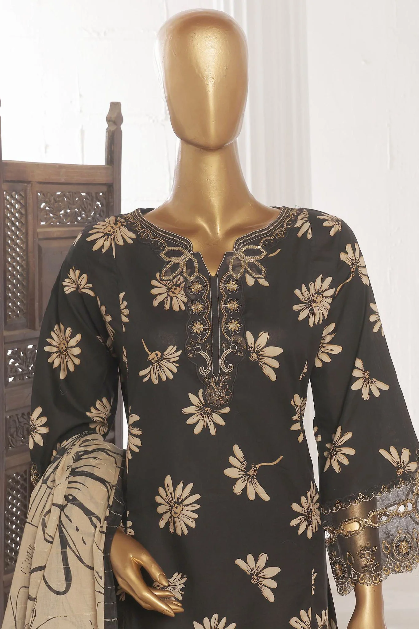 Bin Saeed Stitched 3 Piece Emb Lawn Frock Vol-03 Collection-SM-1642-Black - Image 2