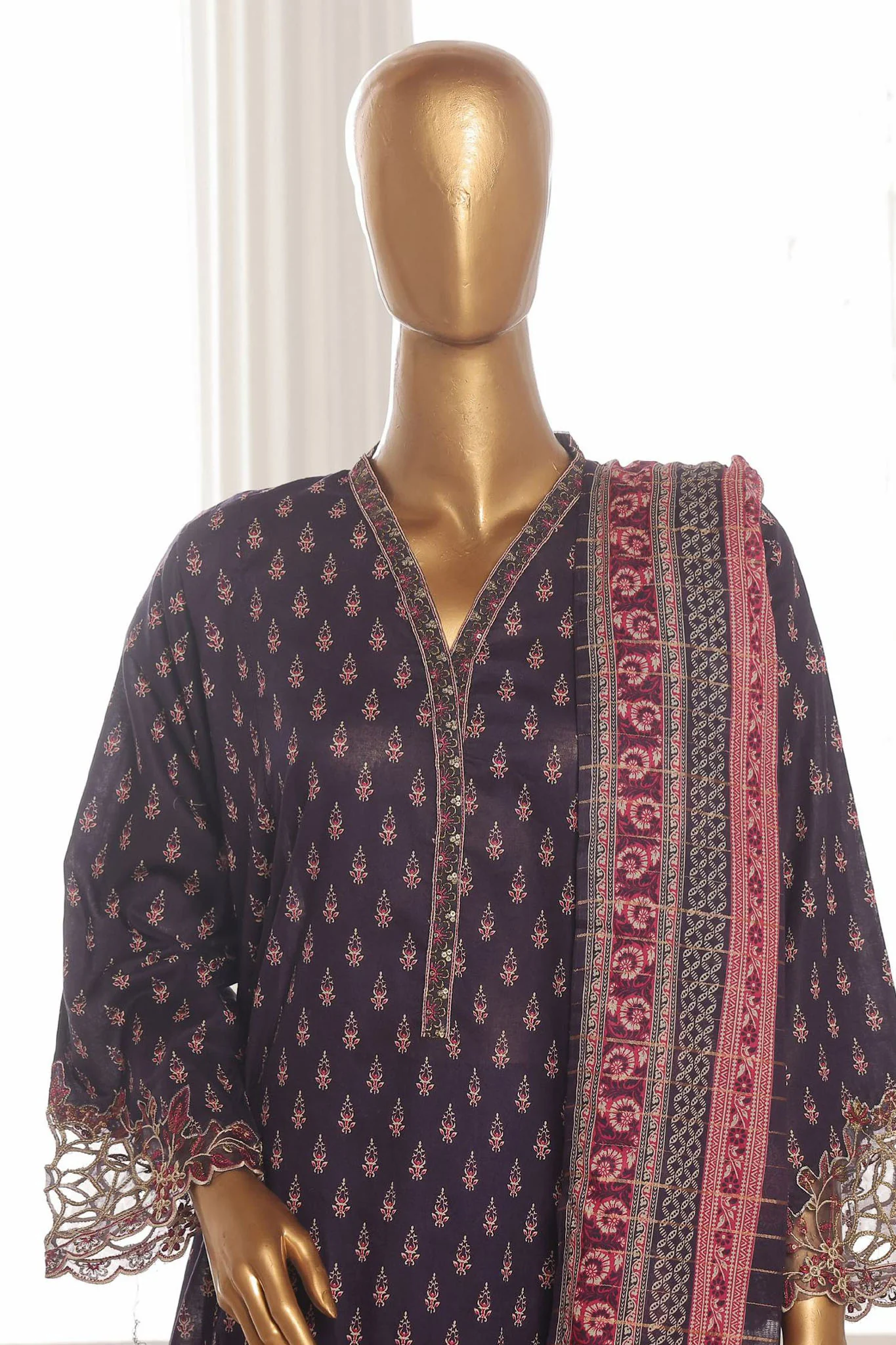 Bin Saeed Stitched 3 Piece Emb Lawn Frock Vol-03 Collection-SM-1643-Blue - Image 2