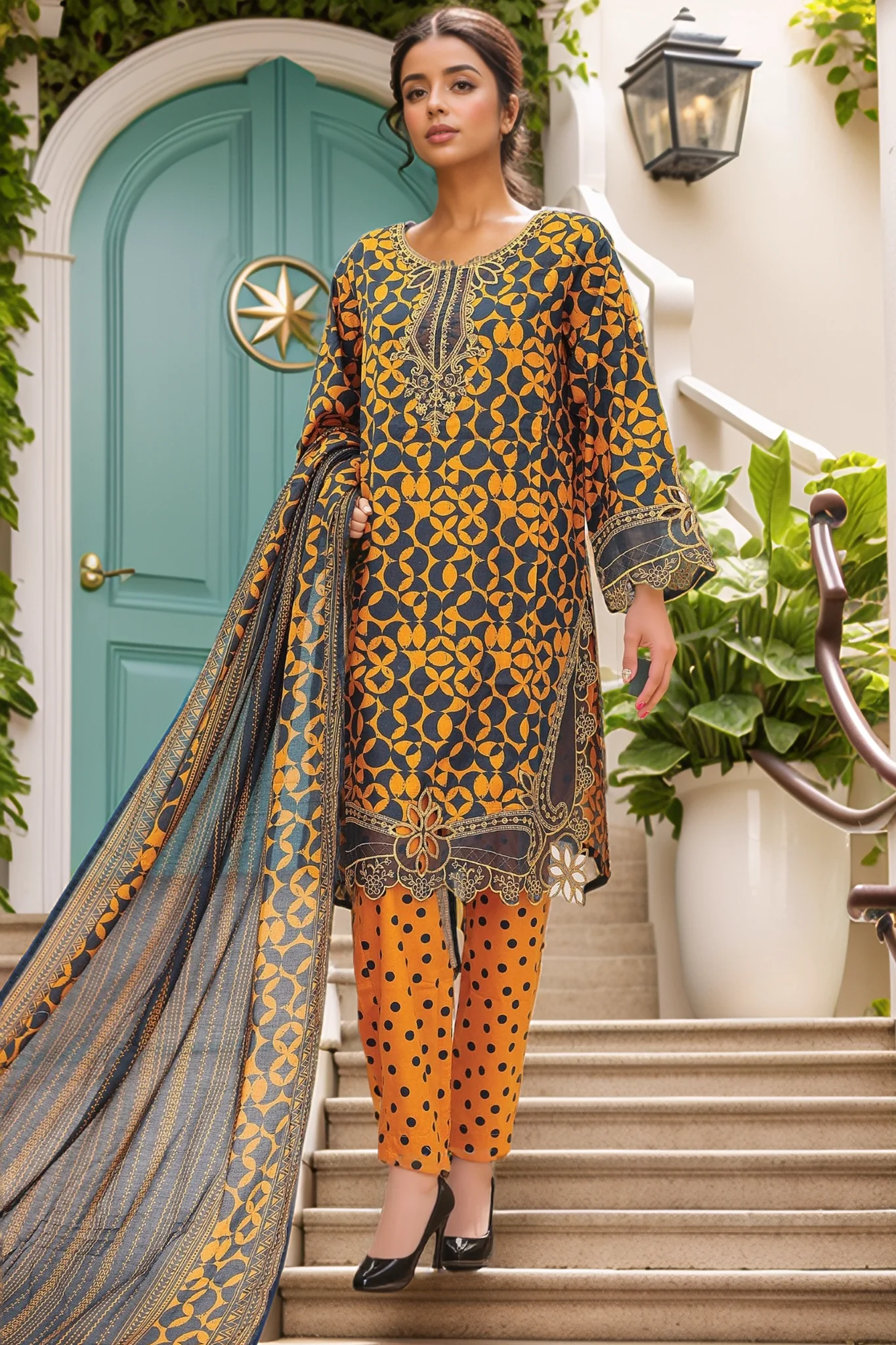Bin Saeed Stitched 3 Piece Cutworkari Emb Lawn Suit-SM-792-Mustard