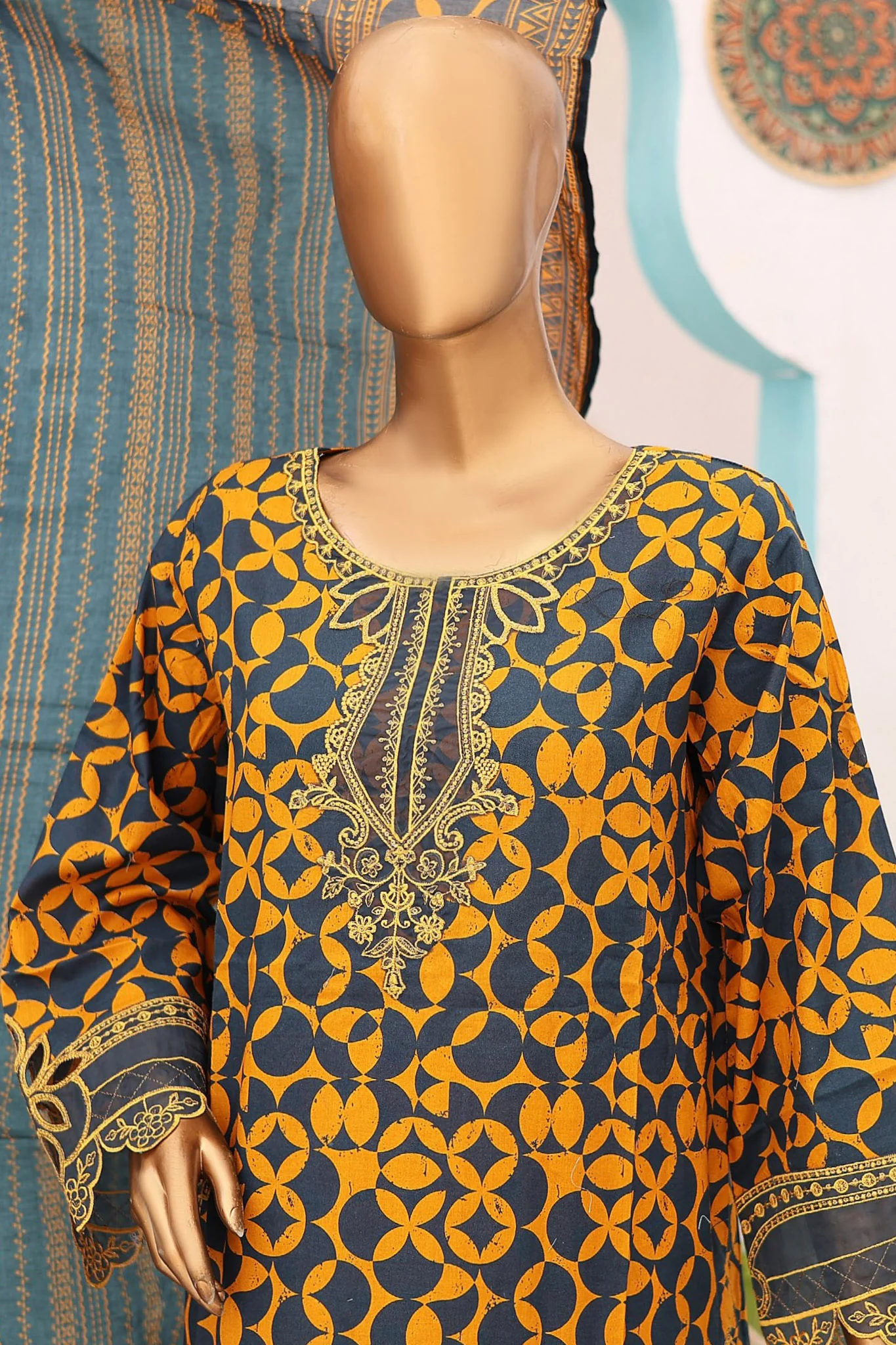 Bin Saeed Stitched 3 Piece Cutworkari Emb Lawn Suit-SM-792-Mustard - Image 2