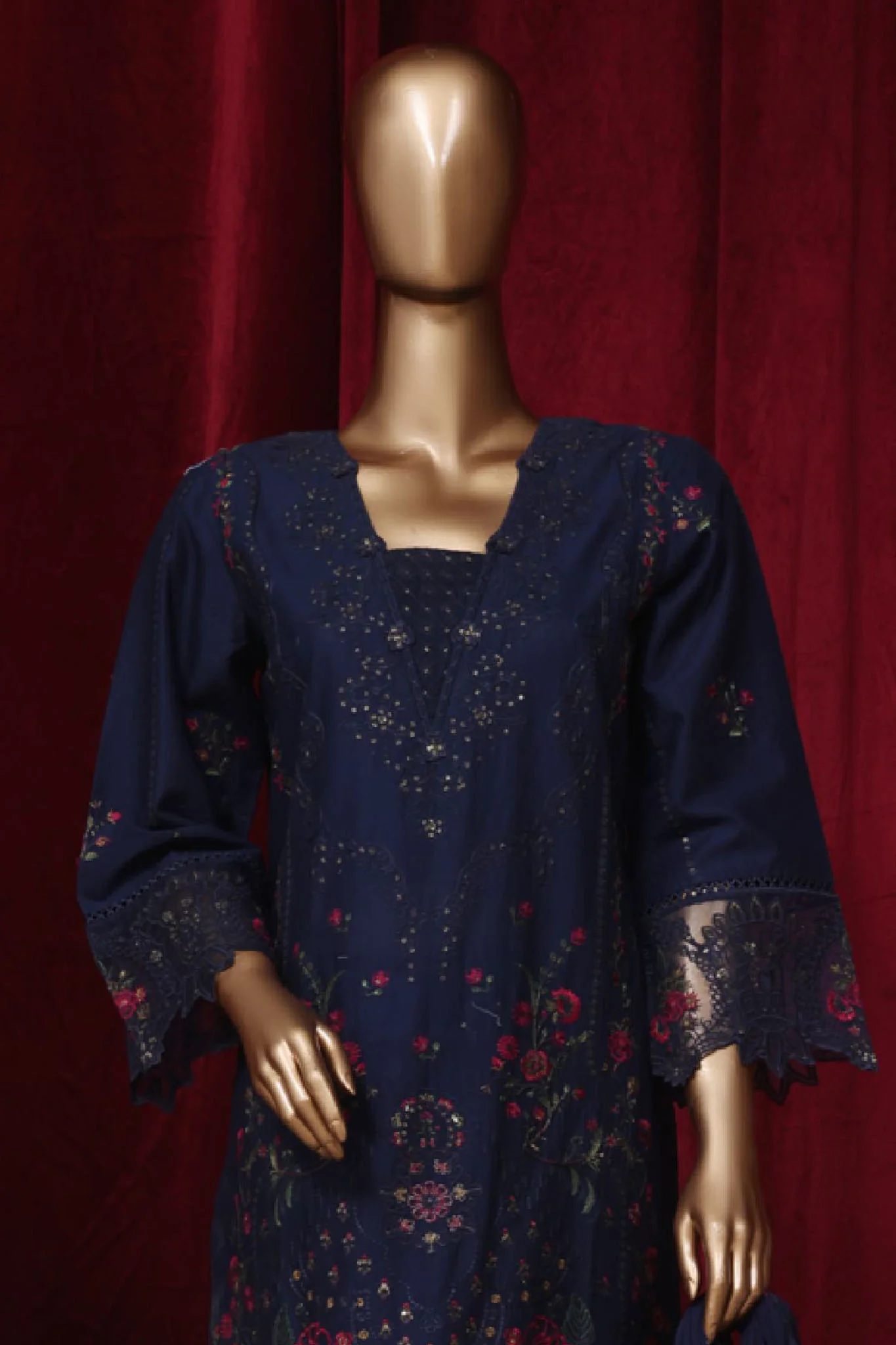 Bin Saeed Stitched 3 Piece Emb Luxury Plain Cotton Vol-02 Collection-LF-1656-Navy Blue - Image 2