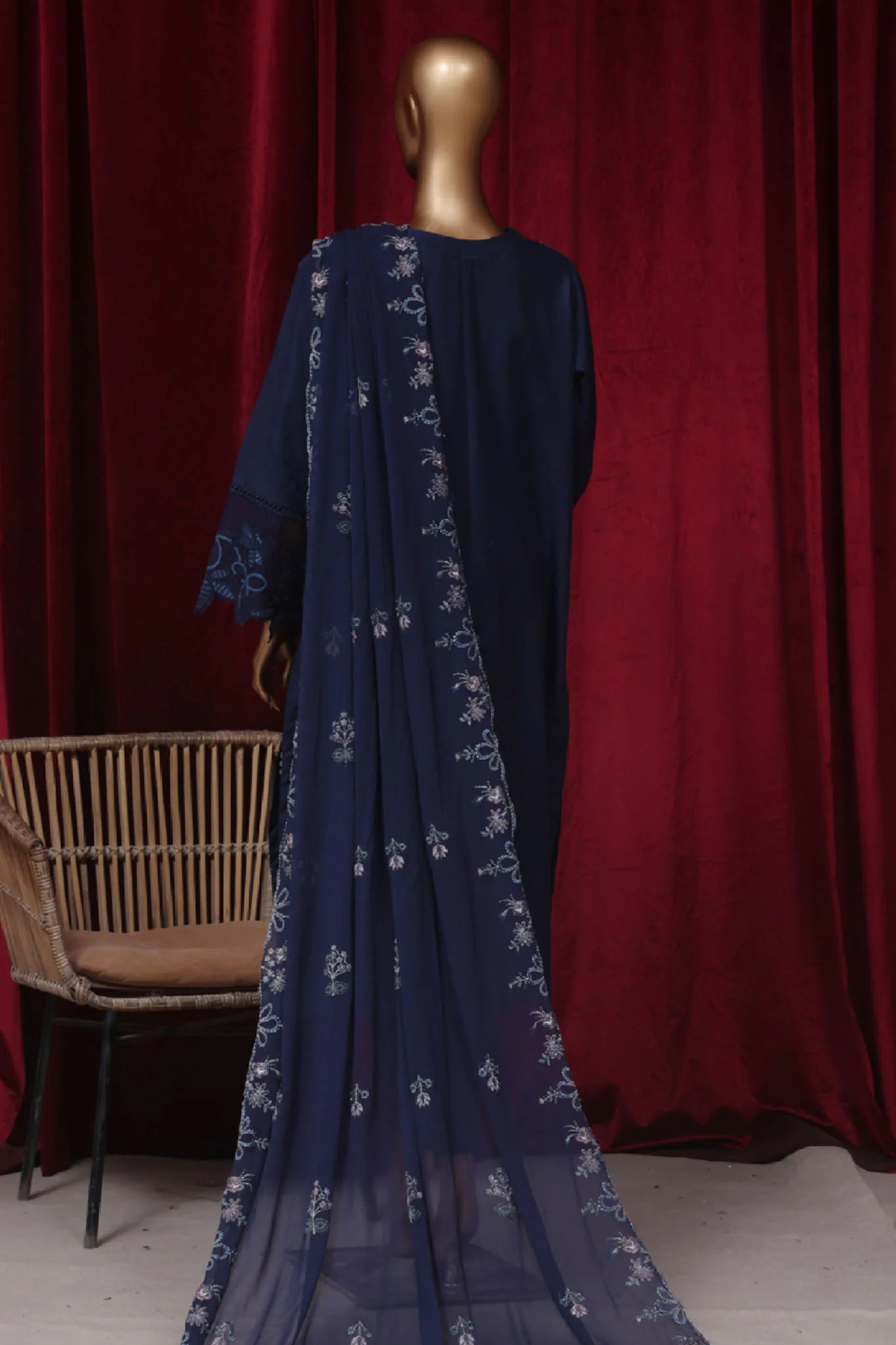 Bin Saeed Stitched 3 Piece Emb Luxury Plain Cotton Vol-02 Collection-LF-1656-Navy Blue - Image 3