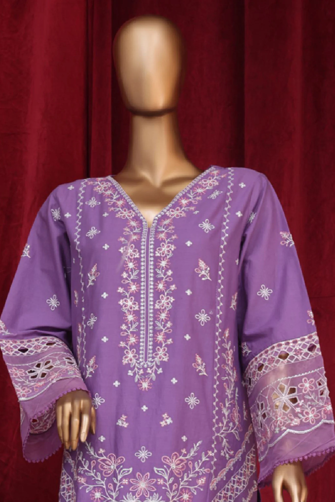Bin Saeed Stitched 3 Piece Emb Luxury Plain Cotton Vol-02 Collection-LF-1658-Purple - Image 2
