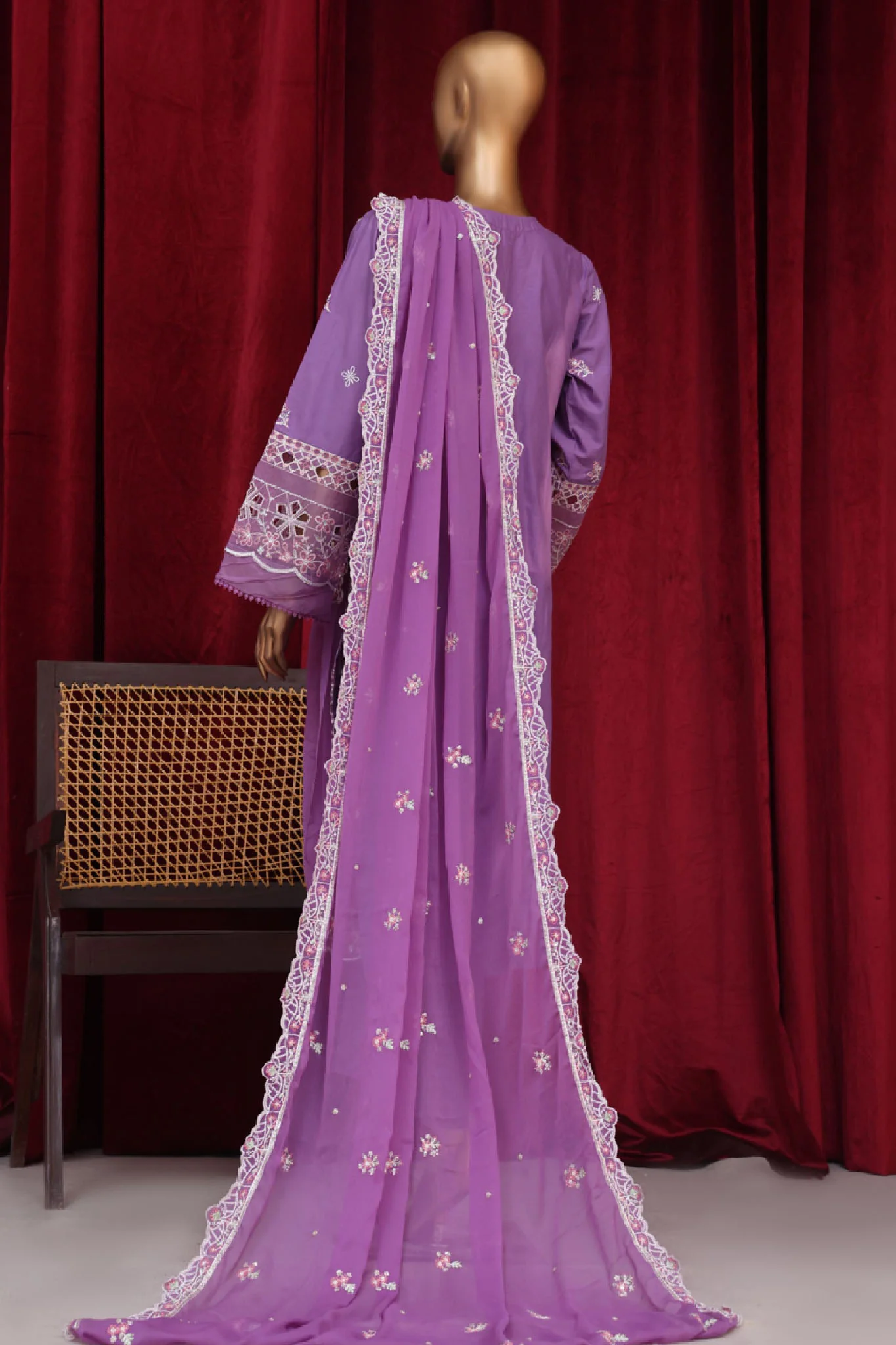 Bin Saeed Stitched 3 Piece Emb Luxury Plain Cotton Vol-02 Collection-LF-1658-Purple - Image 3