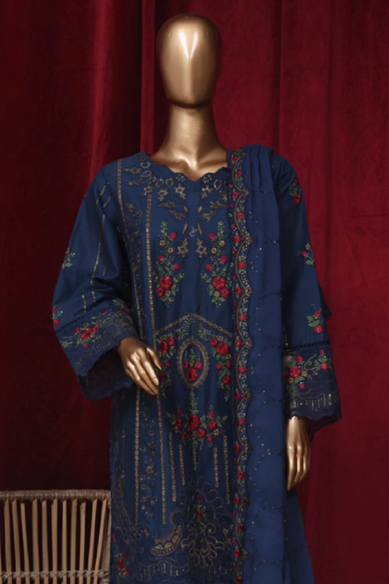 Bin Saeed Stitched 3 Piece Emb Luxury Plain Cotton Vol-02 Collection-LF-1670-Blue - Image 2