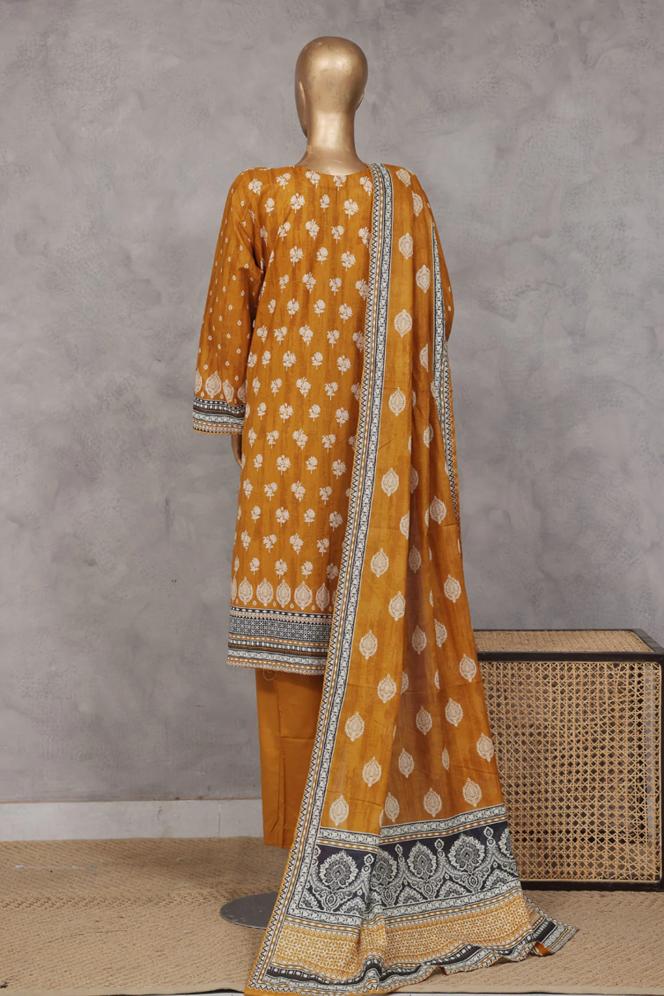 Bin Saeed Stitched 3 Piece Exc Emb Lawn Vol-02 Suit-SM-2105-Golden - Image 3