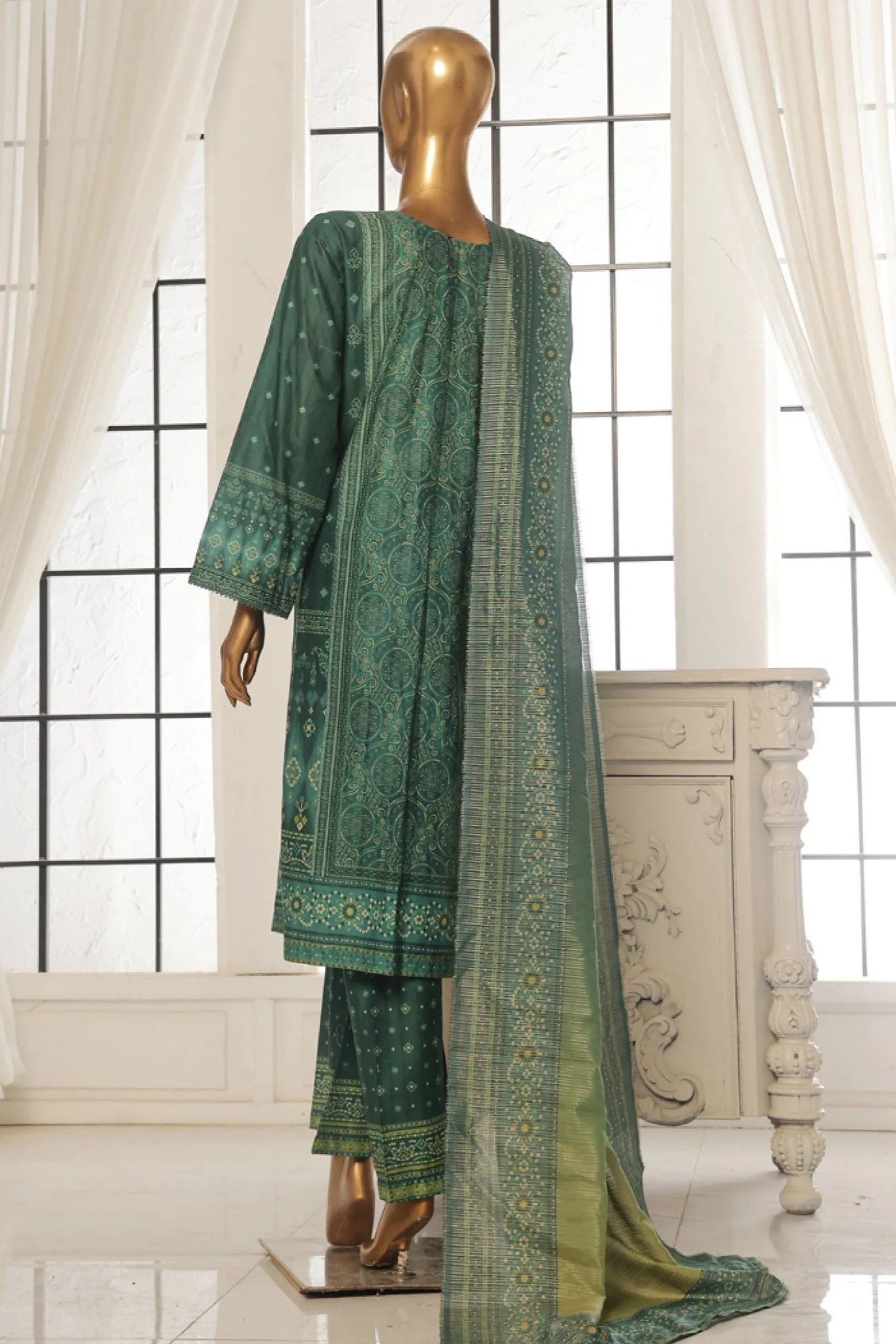 Bin Saeed Stitched 3 Piece Exc Printed Lawn Vol-02 Collection-SM-1711-Green - Image 3