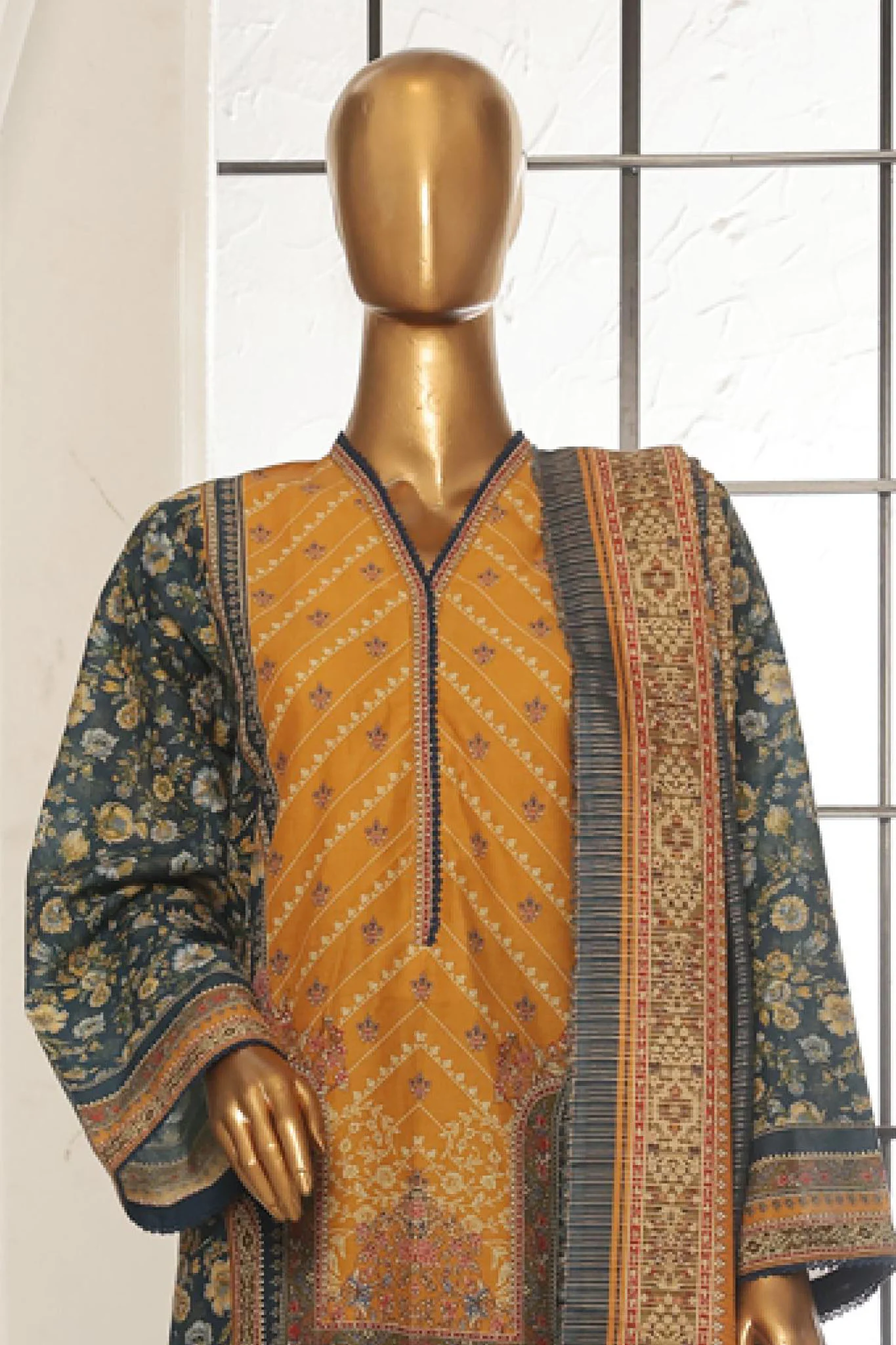 Bin Saeed Stitched 3 Piece Exc Printed Lawn Vol-02 Collection-SM-1760-Mustard - Image 2