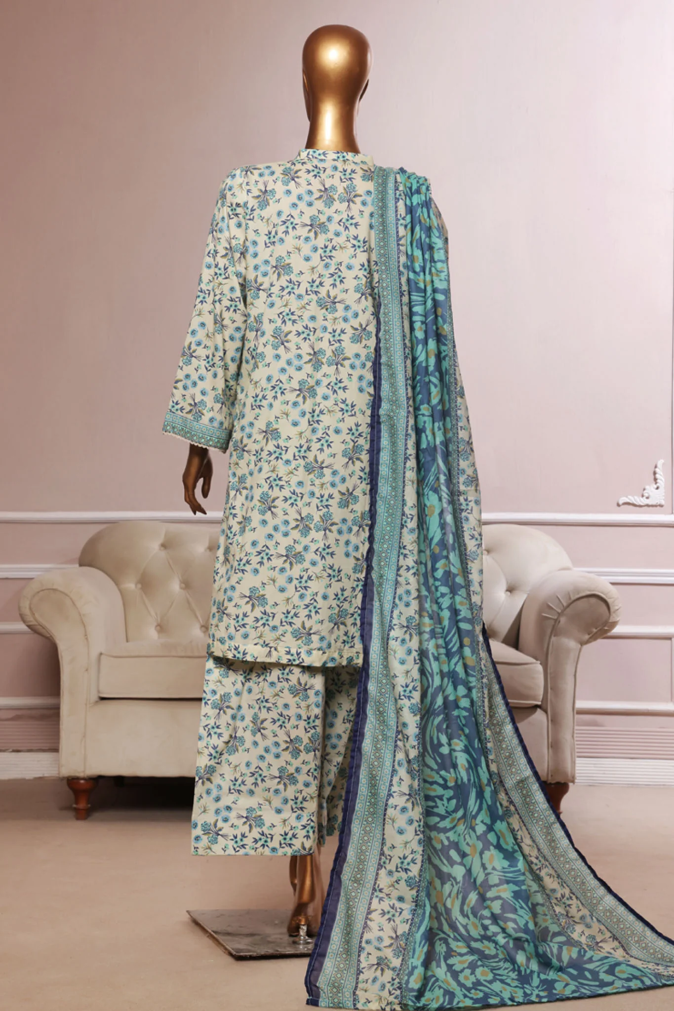 Bin Saeed Stitched 3 Piece Exc Printed Lawn With Farshi Shalwar Suit-NSM-2057-Sky Blue - Image 3