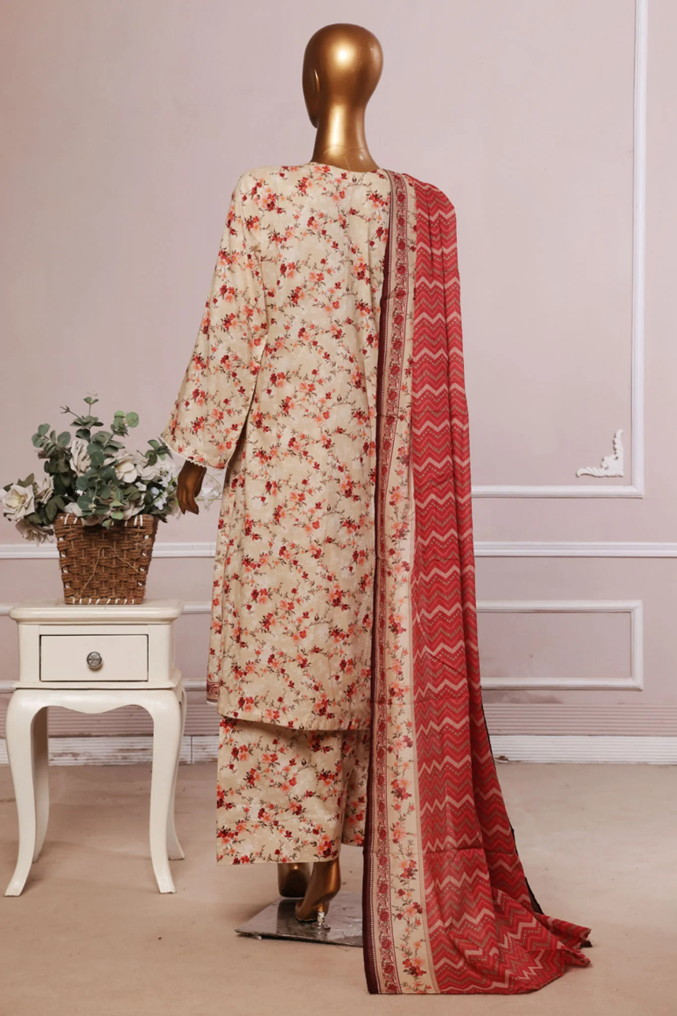 Bin Saeed Stitched 3 Piece Exc Printed Lawn With Farshi Shalwar Suit-NSM-2060-Cream - Image 3