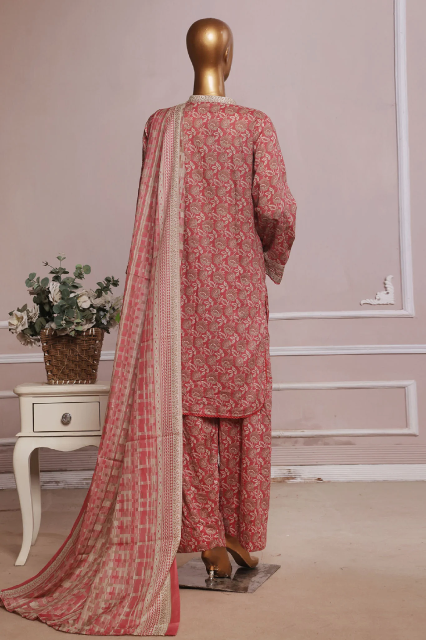 Bin Saeed Stitched 3 Piece Exc Printed Lawn With Farshi Shalwar Suit-NSM-2061-Mauve - Image 3