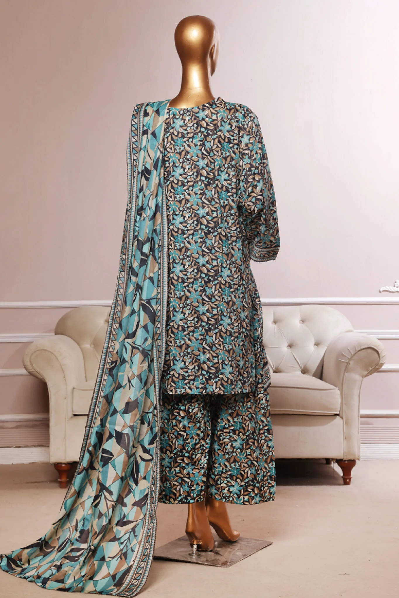 Bin Saeed Stitched 3 Piece Exc Printed Lawn With Farshi Shalwar Suit-NSM-2064-Sky Blue - Image 3