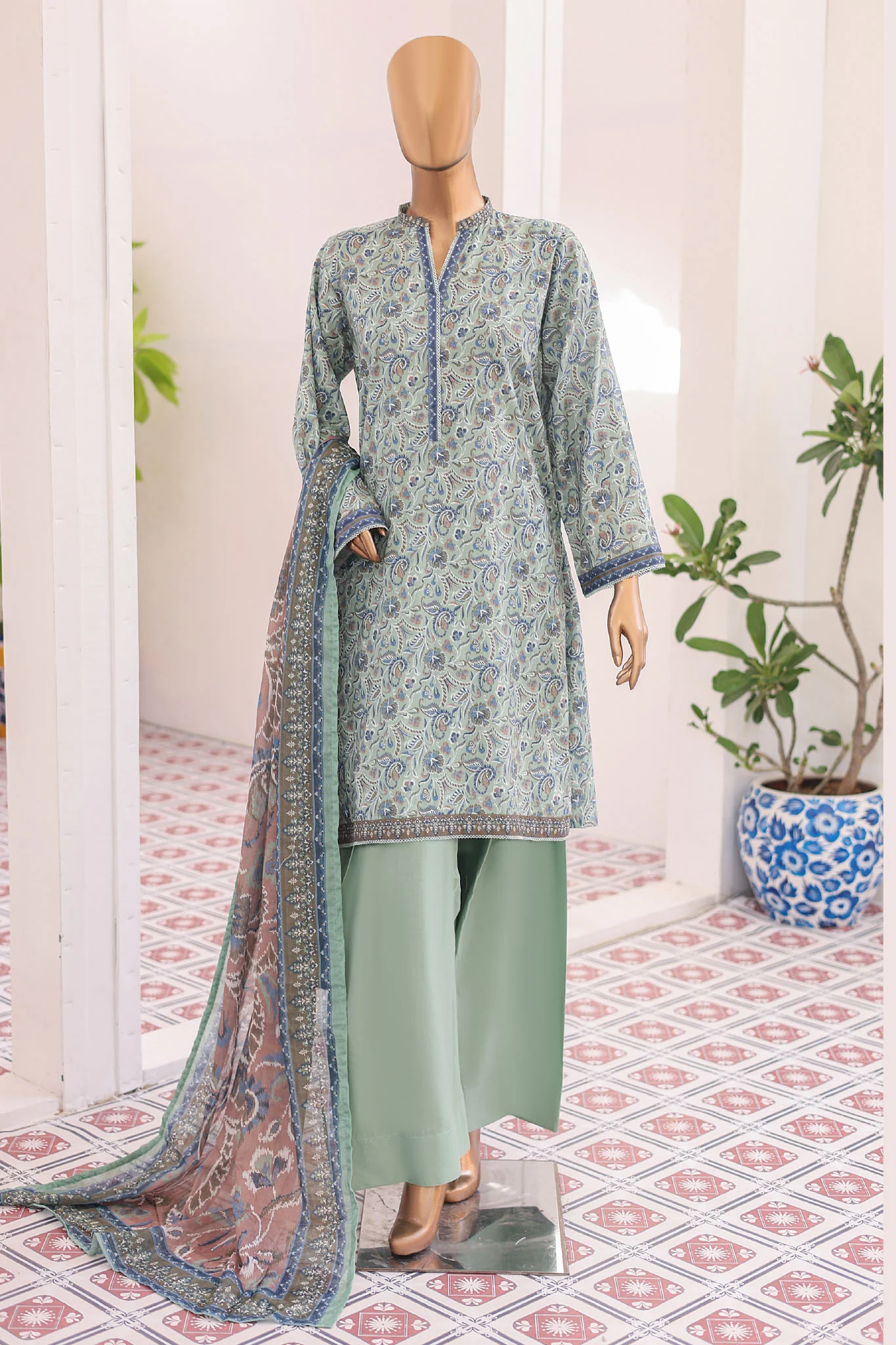 Bin Saeed Stitched 3 Piece Exc Printed Lawn With Farshi Shalwar Vol-02 Suit-NSM-2094-Sky Blue