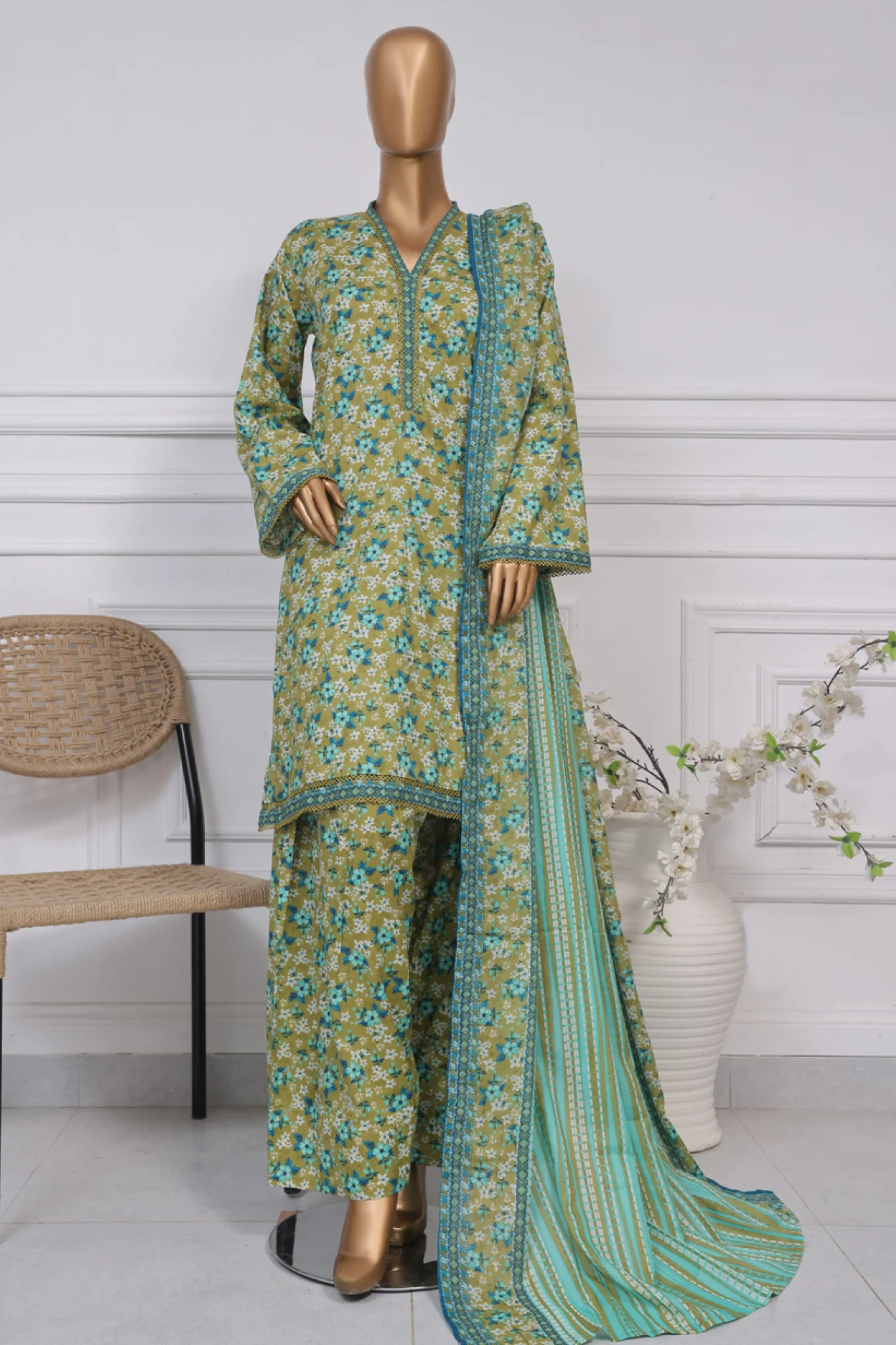 Bin Saeed Stitched 3 Piece Exc Printed Lawn With Farshi Shalwar Vol-02 Suit-NSM-2098-Olive