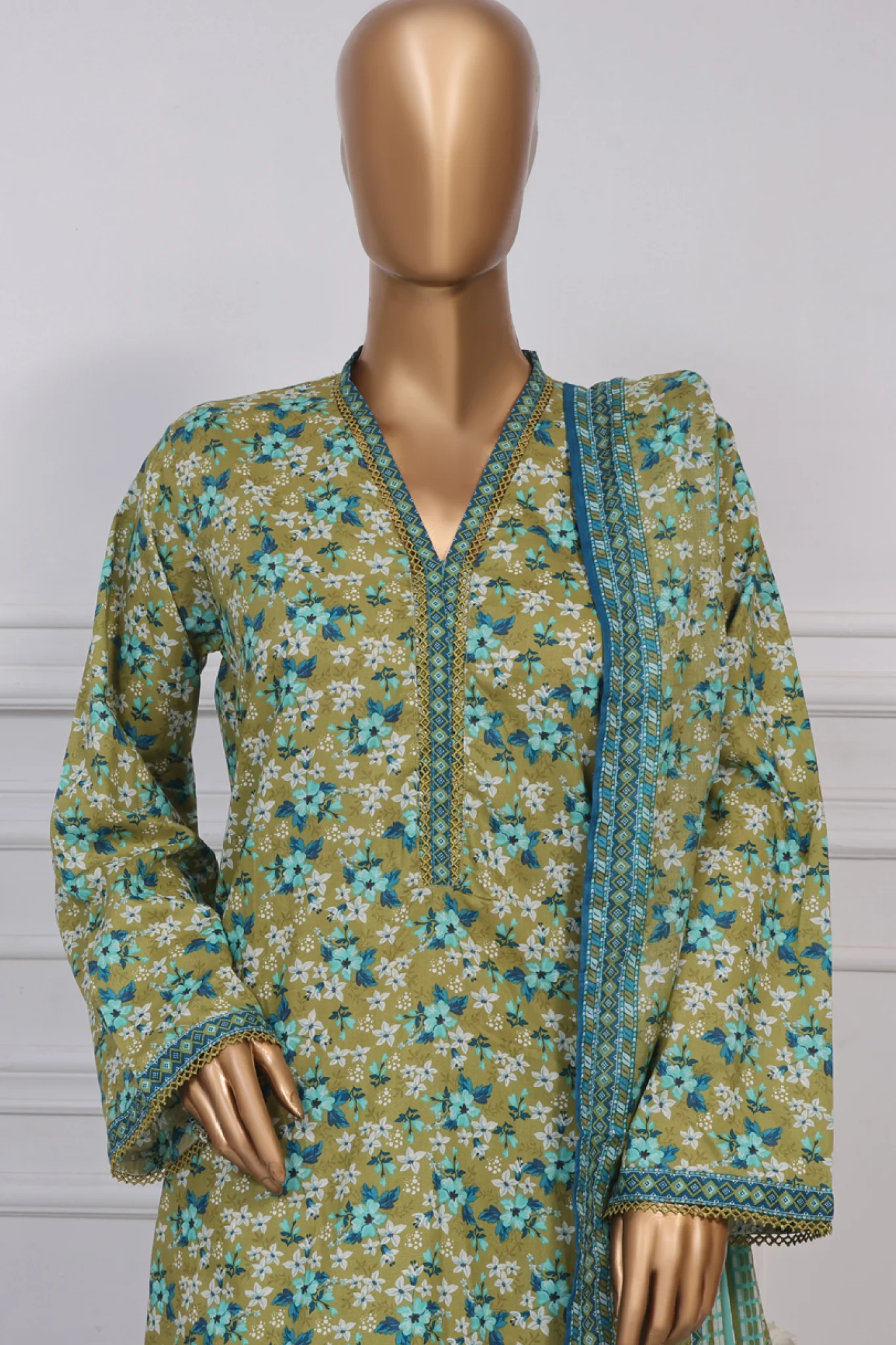 Bin Saeed Stitched 3 Piece Exc Printed Lawn With Farshi Shalwar Vol-02 Suit-NSM-2098-Olive - Image 2