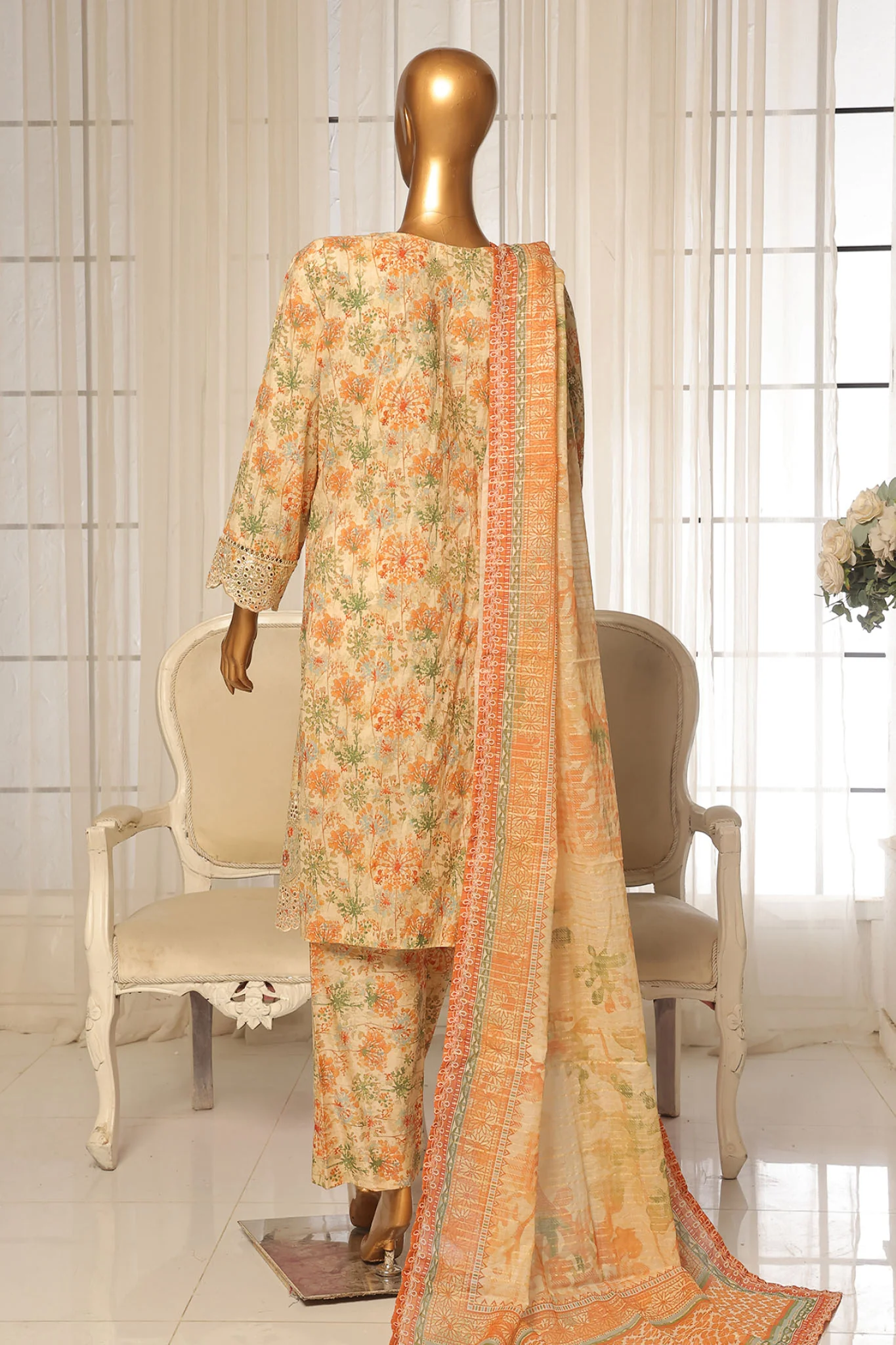 Bin Saeed Stitched 3 Piece Exc White and White Chikankari Suit-SM-2007-Cream - Image 3