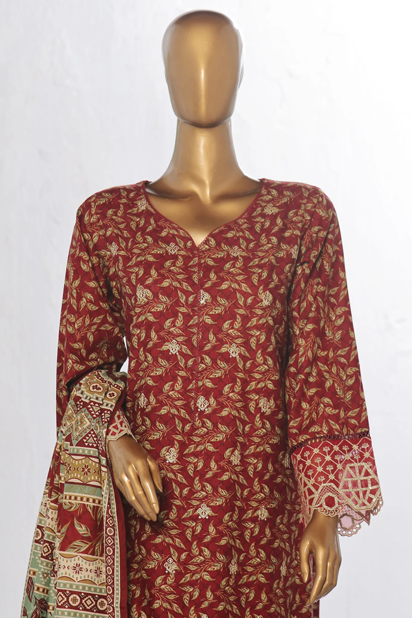 Bin Saeed Stitched 3 Piece Excessive Chikankari Khaddar Vol-03 Suit-WK-1241-Maroon - Image 2