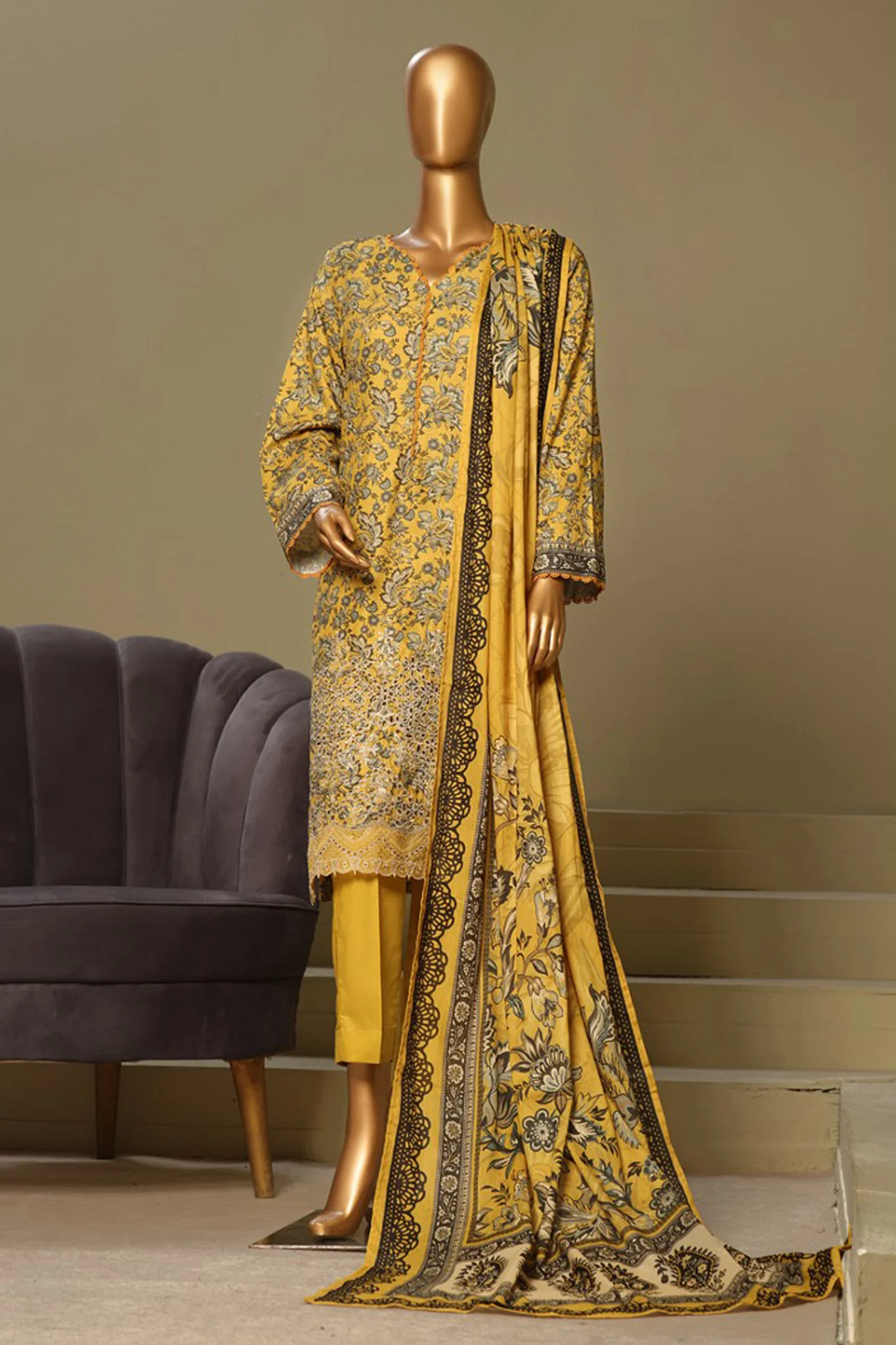 Bin Saeed Stitched 3 Piece Exclusive Chikankari Cotton Vol-01 Suit-WC-1121-Mustard