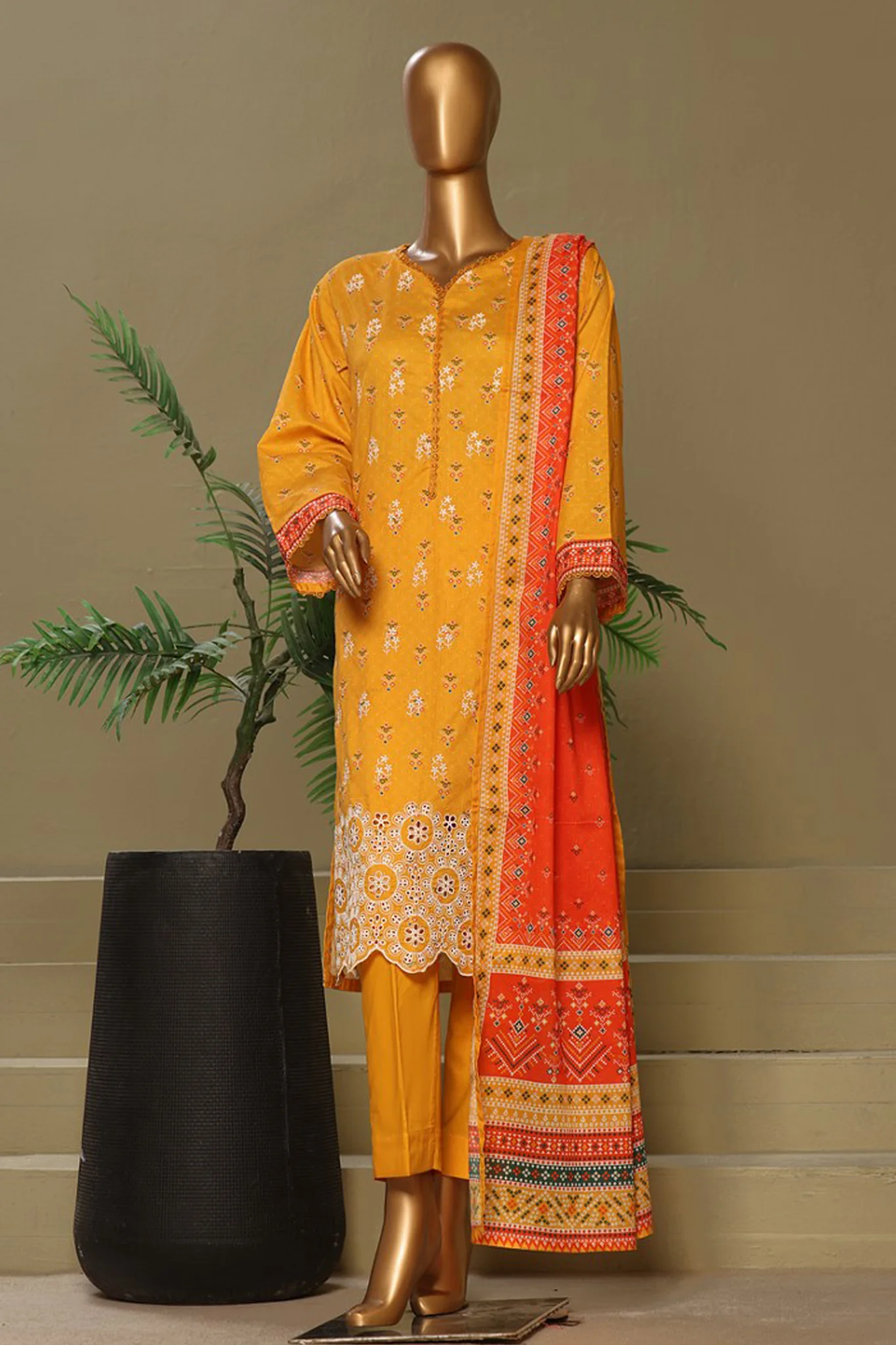 Bin Saeed Stitched 3 Piece Exclusive Chikankari Cotton Vol-01 Suit-WC-1123-Mustard