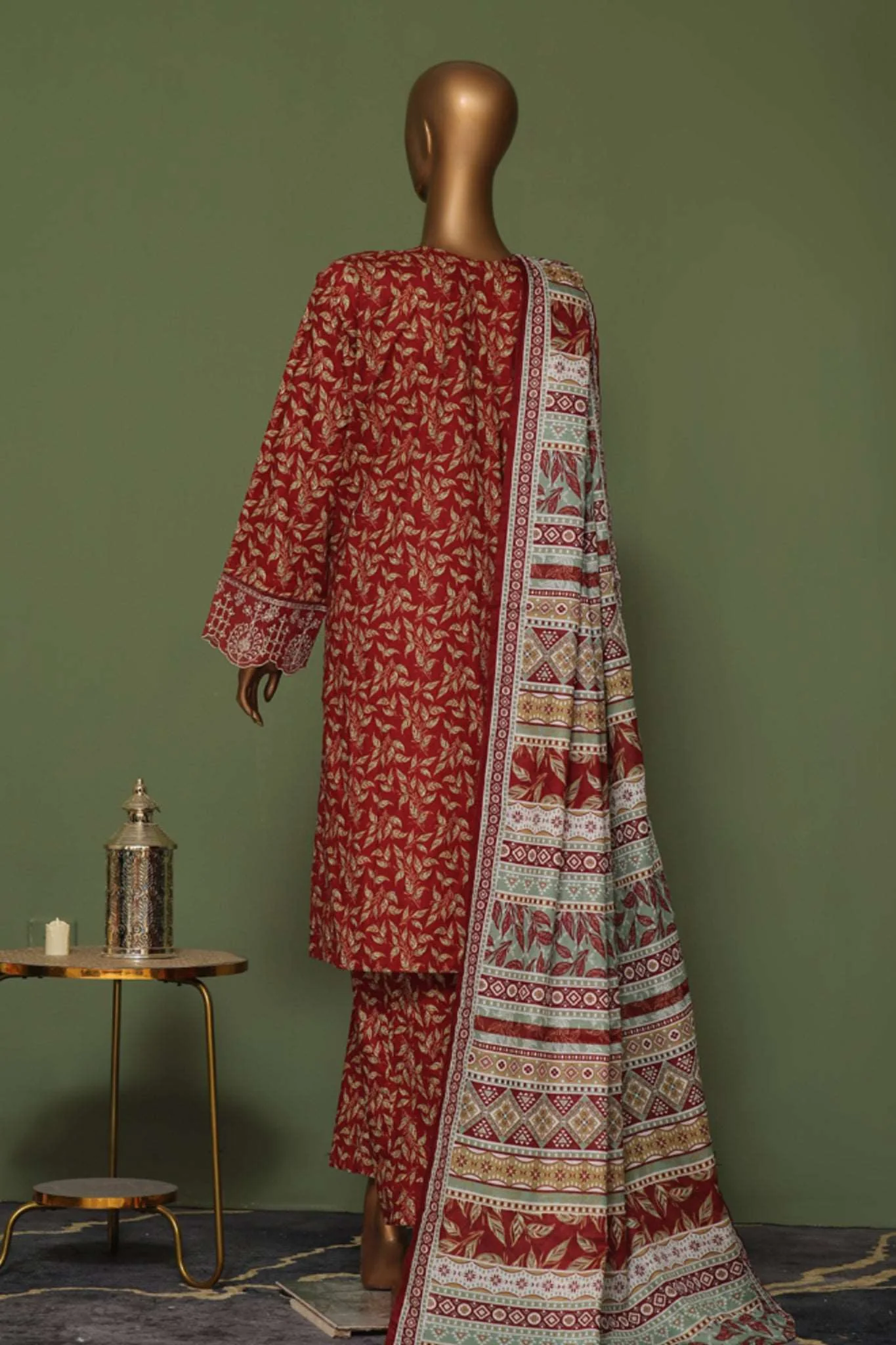 Bin Saeed Stitched 3 Piece Exclusive Emb Cotton Vol-02 Suit-WC-1258-Maroon - Image 3