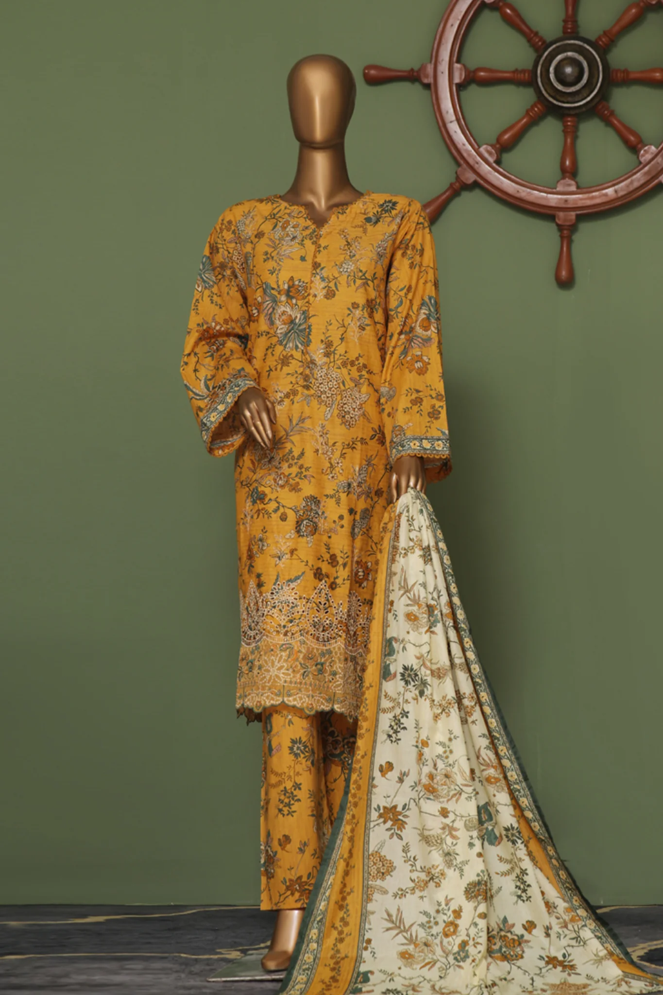 Bin Saeed Stitched 3 Piece Exclusive Emb Cotton Vol-02 Suit-WC-1259-Yellow