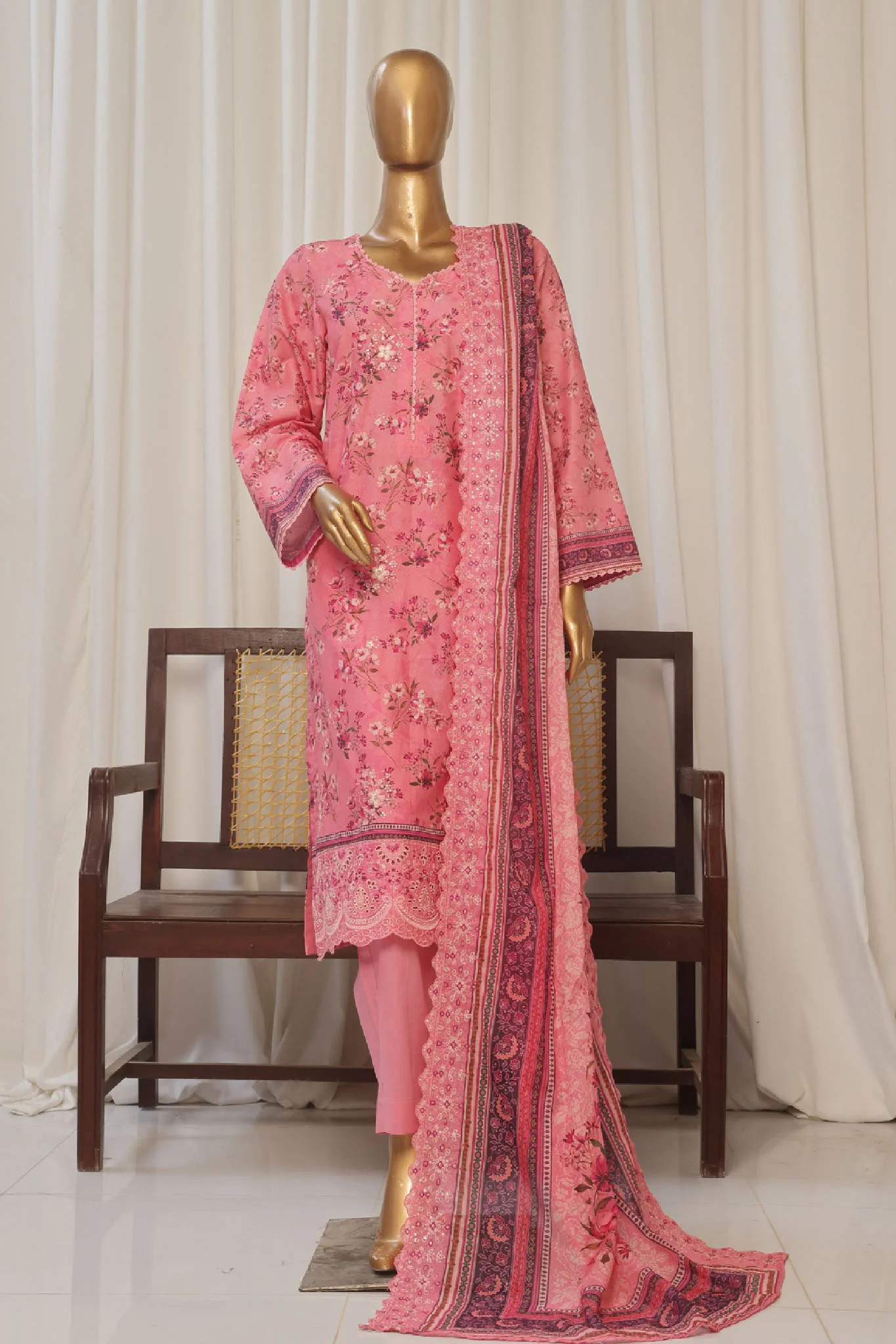 Bin Saeed Stitched 3 Piece Exclusive Emb Lawn Suit-SM-1815-Pink