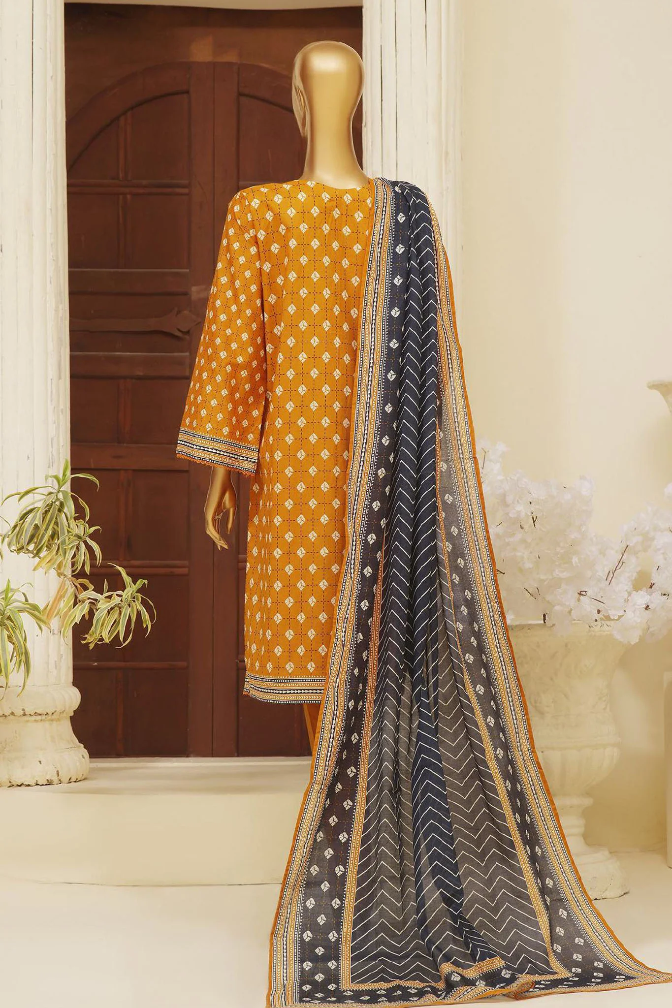 Bin Saeed Stitched 3 Piece Exclusive Emb Lawn Vol-01 Collection-SM-1508-Mustard - Image 3