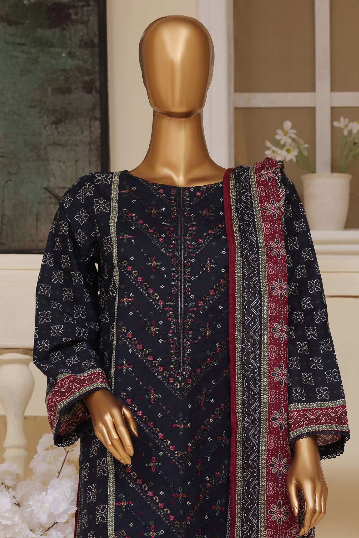 Bin Saeed Stitched 3 Piece Exclusive Emb Lawn Vol-01 Collection-SM-SM-1512-Blue - Image 2