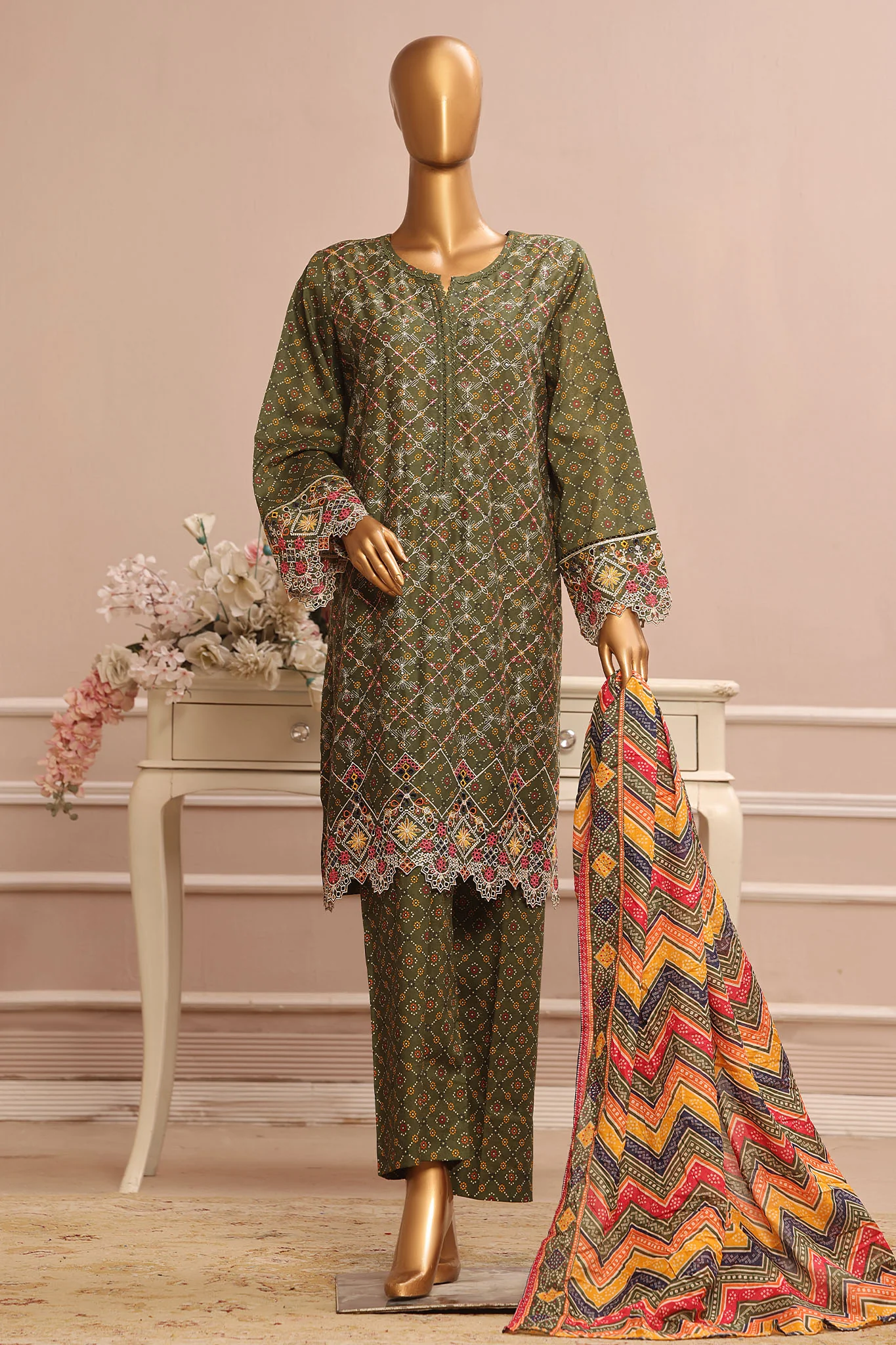 Bin Saeed Stitched 3 Piece Exclusive Emb Lawn Vol-02 Collection-SM-1578-Green
