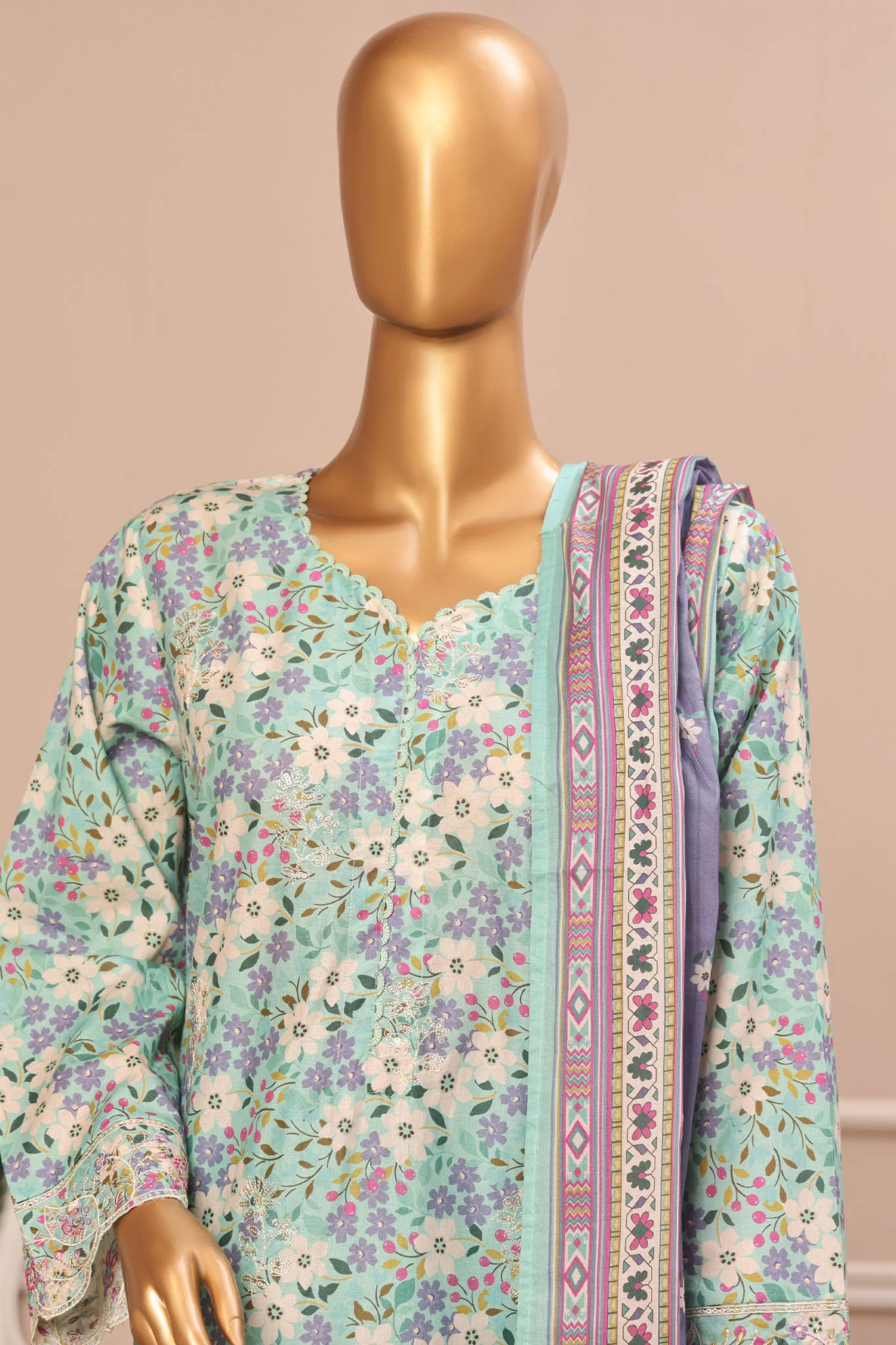 Bin Saeed Stitched 3 Piece Exclusive Emb Lawn Vol-02 Collection-WC-1562-Ferozi - Image 2