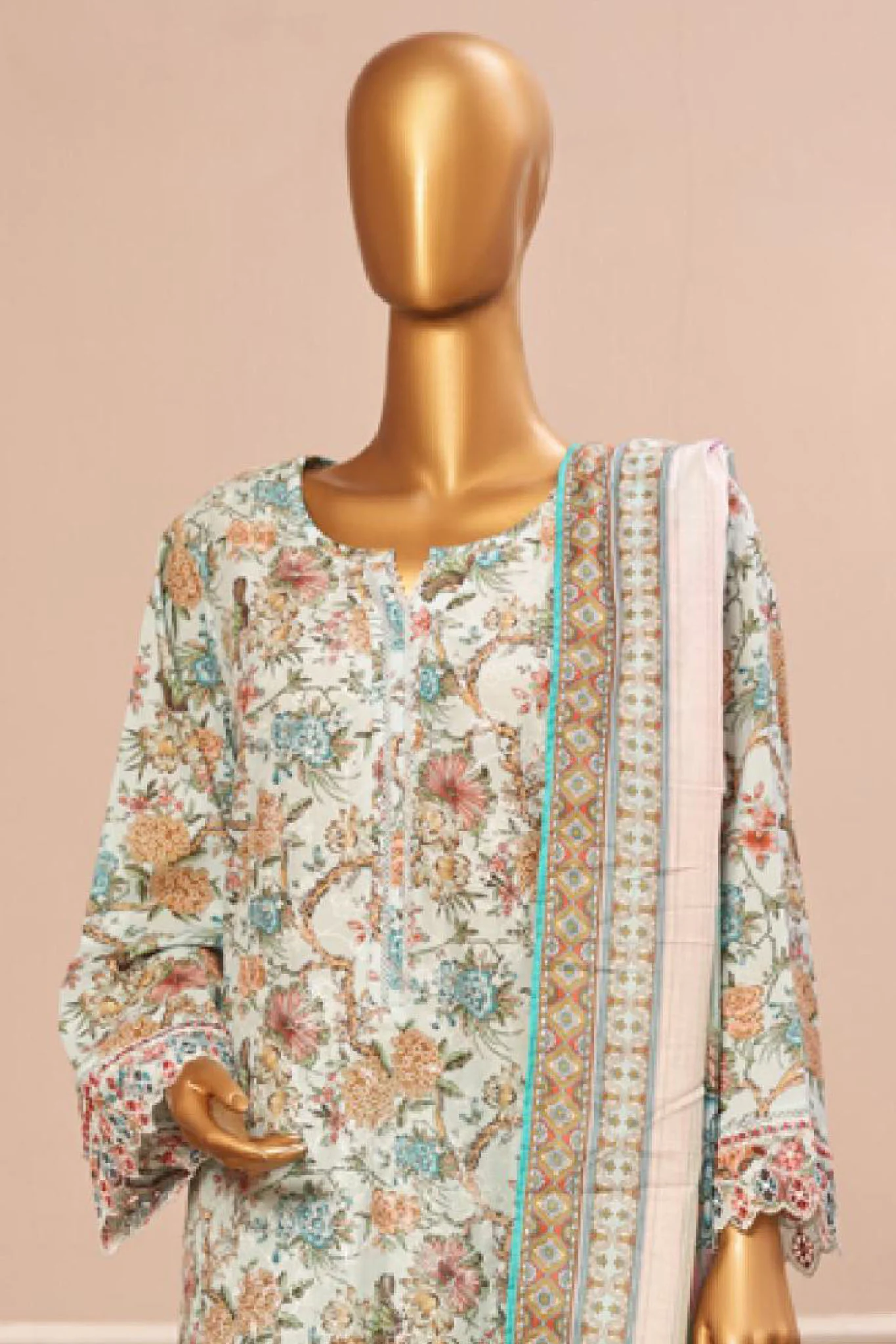 Bin Saeed Stitched 3 Piece Exclusive Emb Lawn Vol-03 Collection-SM-1694-Ferozi - Image 2