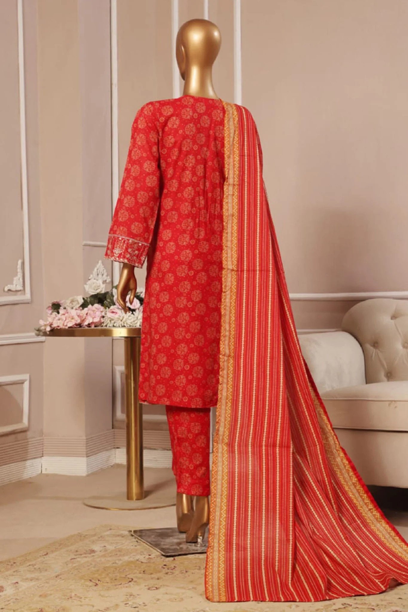 Bin Saeed Stitched 3 Piece Exclusive Emb Lawn Vol-05 Collection-SM-1945-Red - Image 3