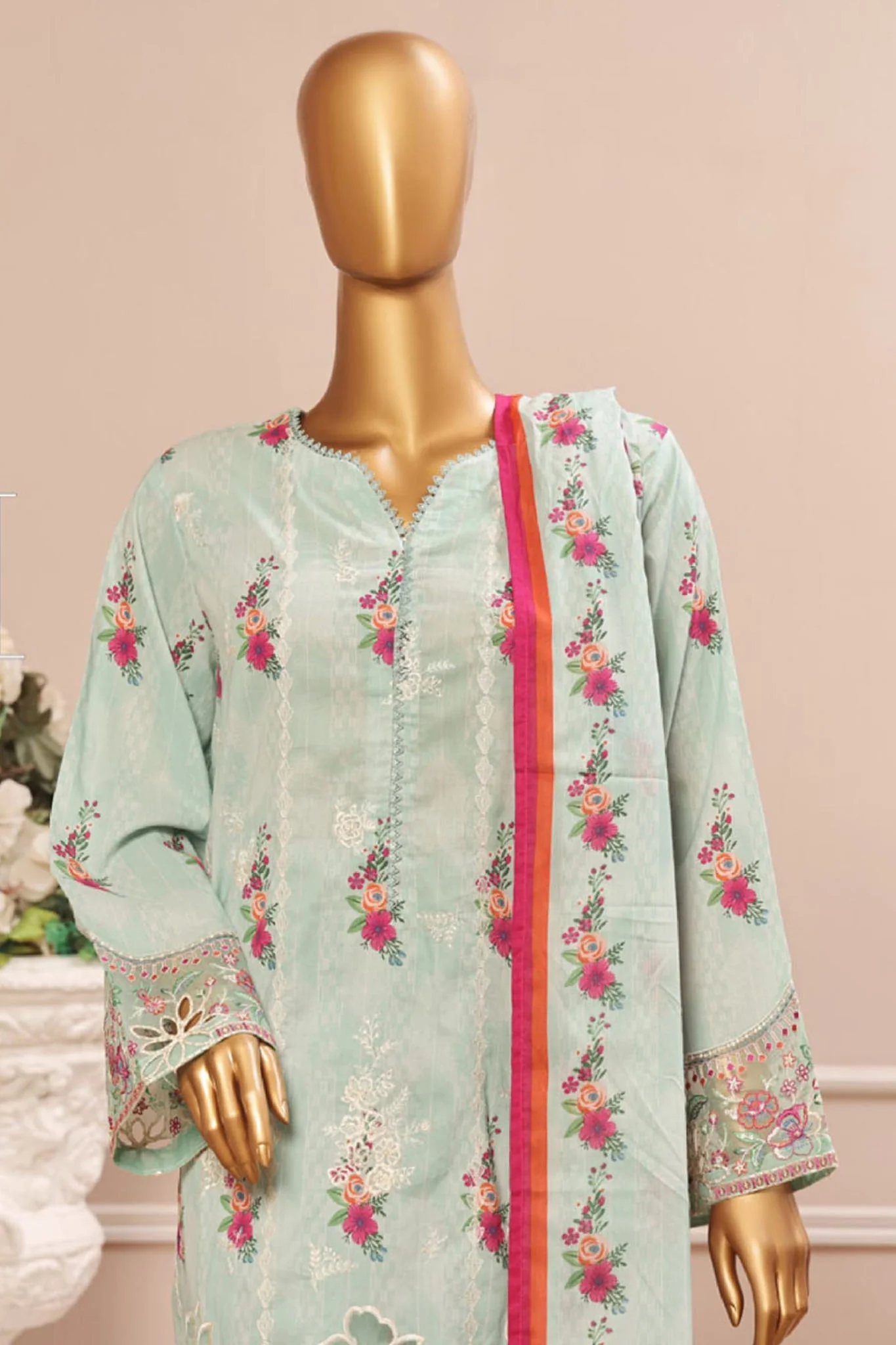 Bin Saeed Stitched 3 Piece Exclusive Emb Lawn Vol-05 Collection-SM-1946-Mint - Image 2