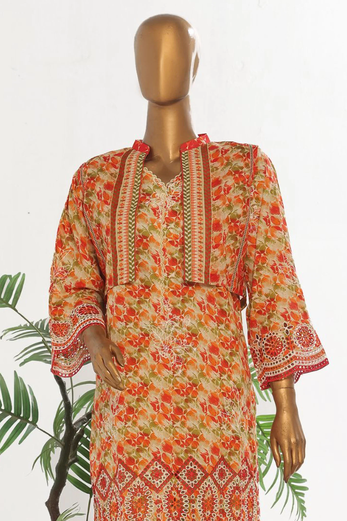 Bin Saeed Stitched 3 Piece Exclusive Emb Lawn With Coat Vol-02 Collection-SM-1735-Orange - Image 2