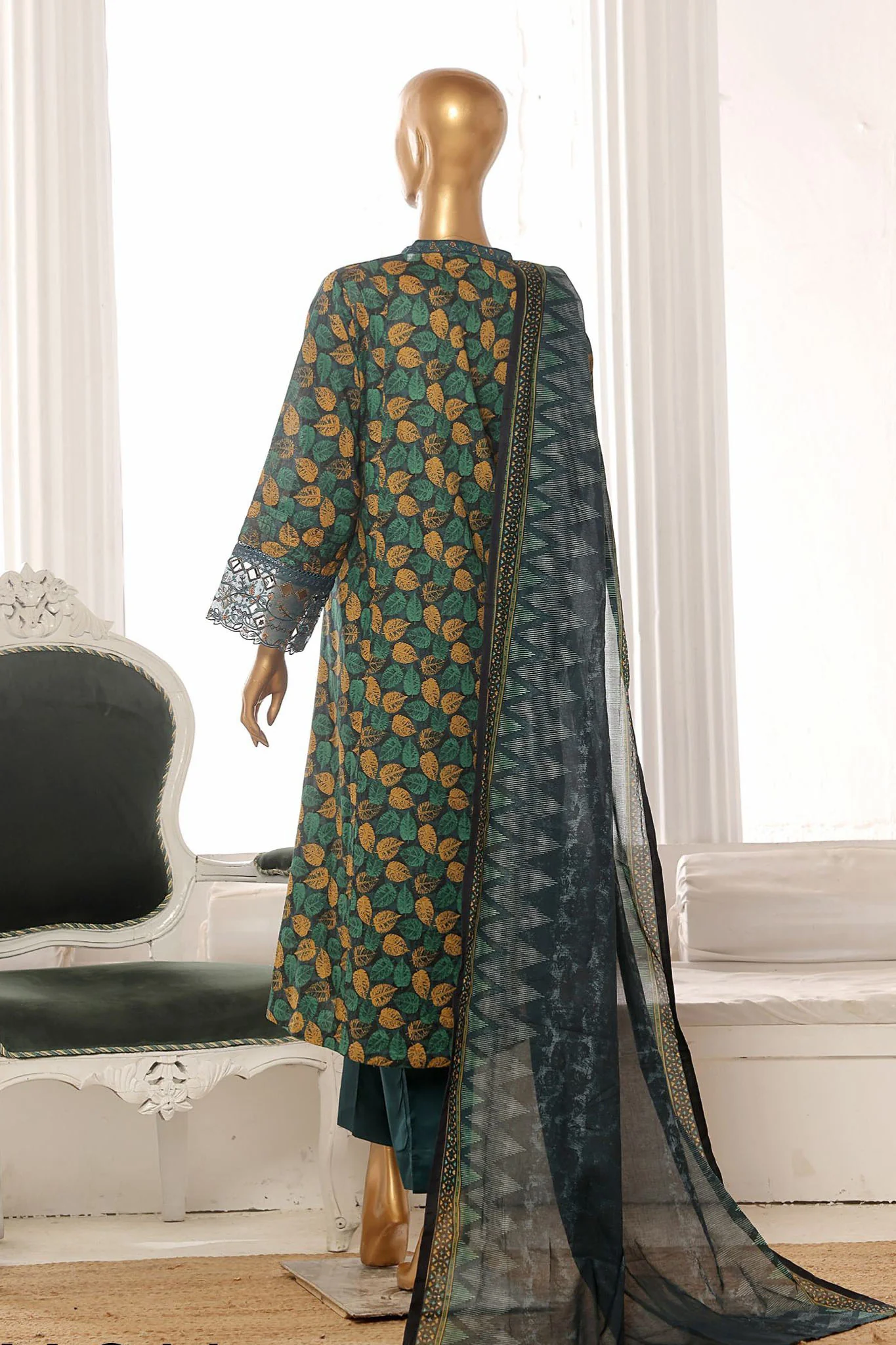 Bin Saeed Stitched 3 Piece Exclusive Lawn Frock Vol-01 Collection-SM-1457-Green - Image 3