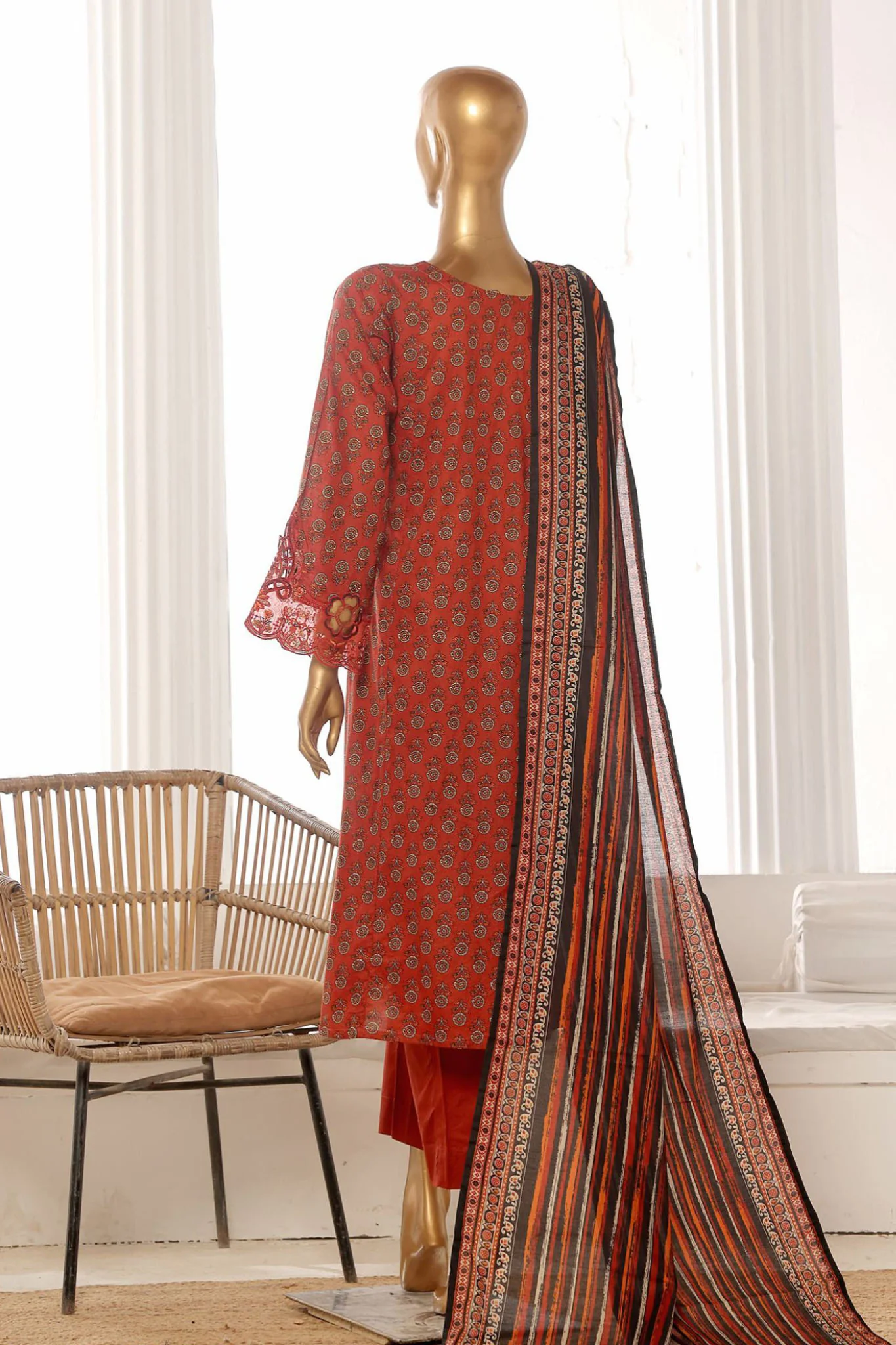 Bin Saeed Stitched 3 Piece Exclusive Lawn Frock Vol-01 Collection-SM-1464-Rust - Image 3