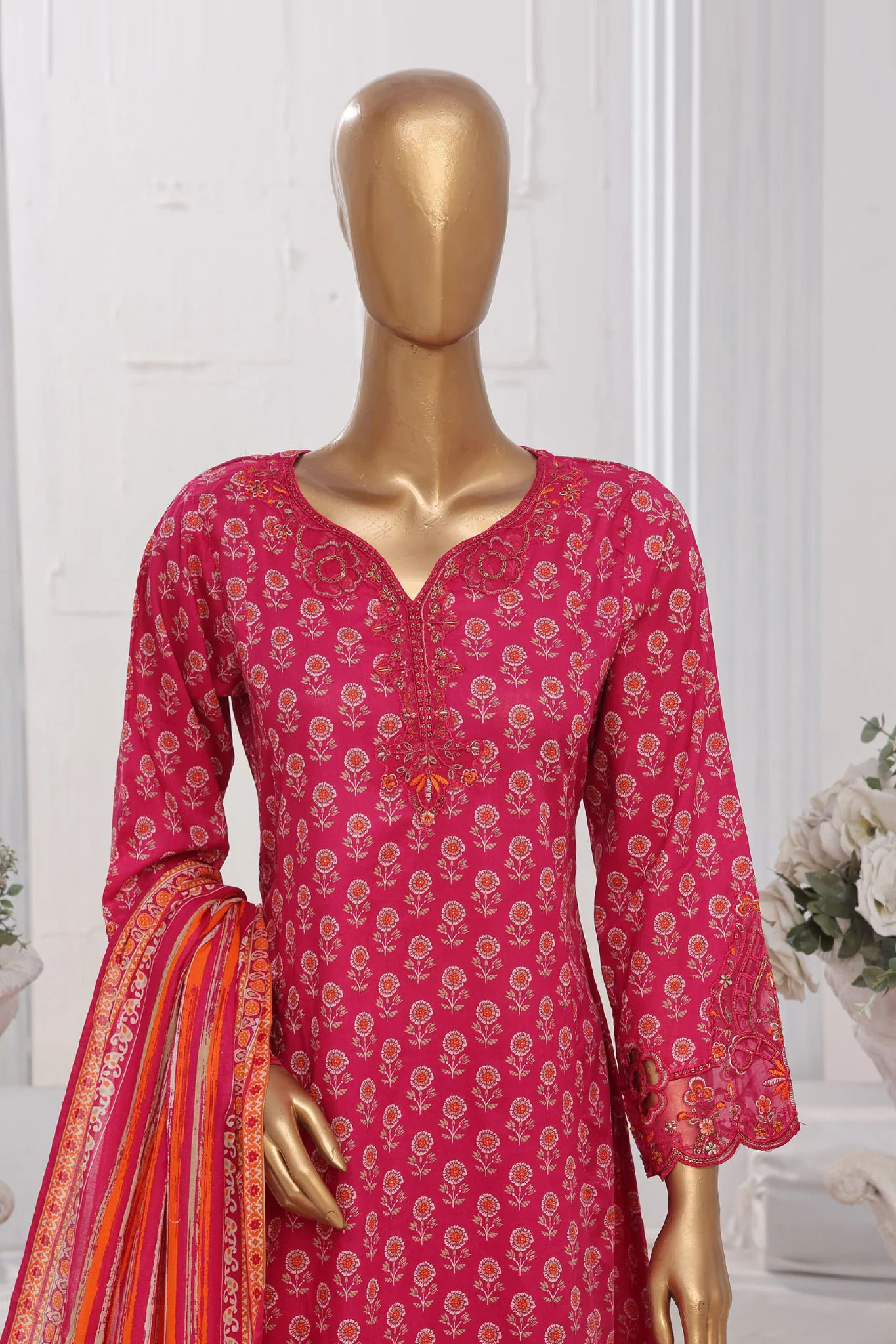 Bin Saeed Stitched 3 Piece Exclusive Lawn Frock Vol-01 Collection-SM-1465-Pink - Image 2
