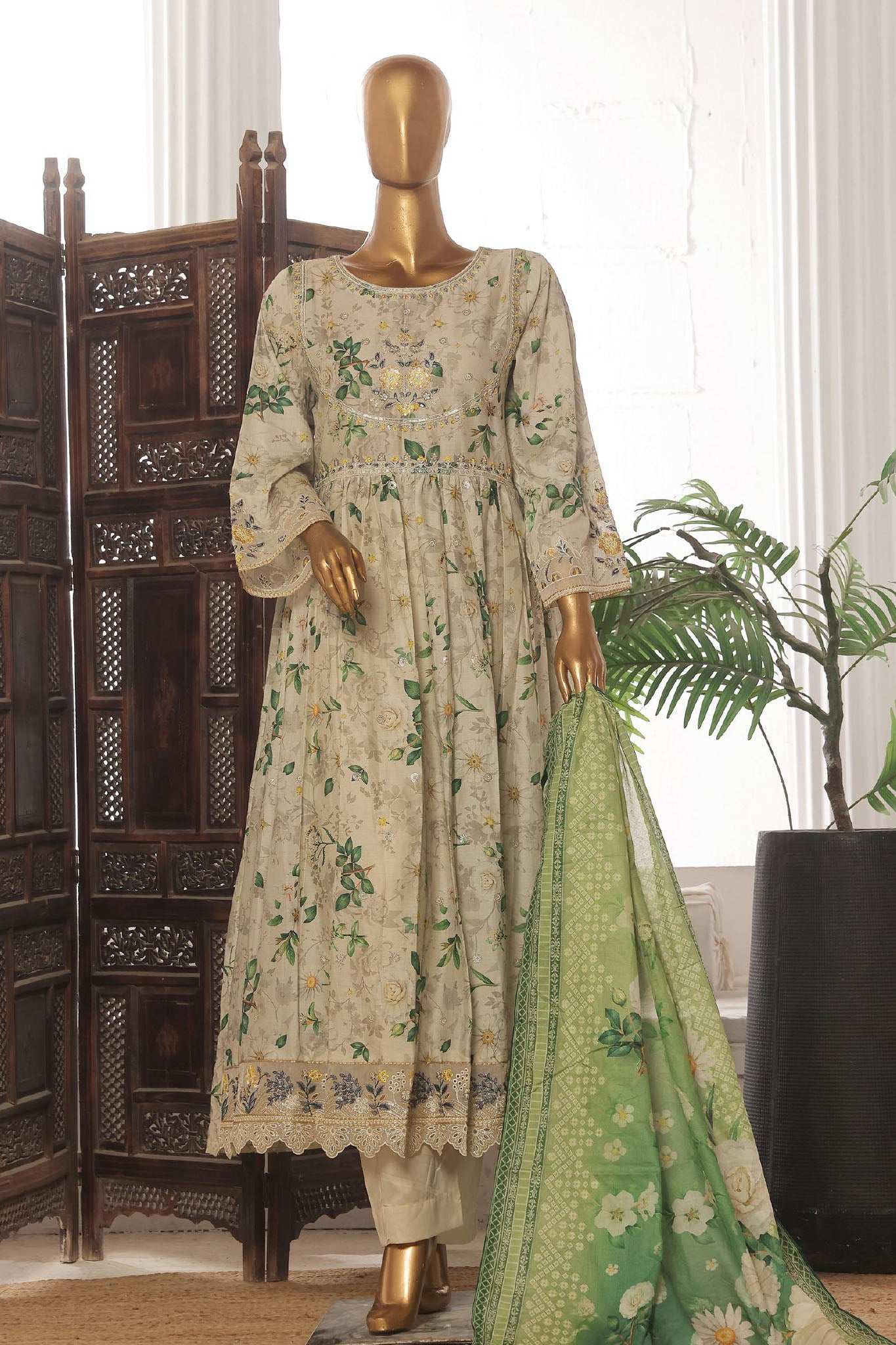 Bin Saeed Stitched 3 Piece Exclusive Lawn Frock Vol-01 Collection-SM-1479-Pista